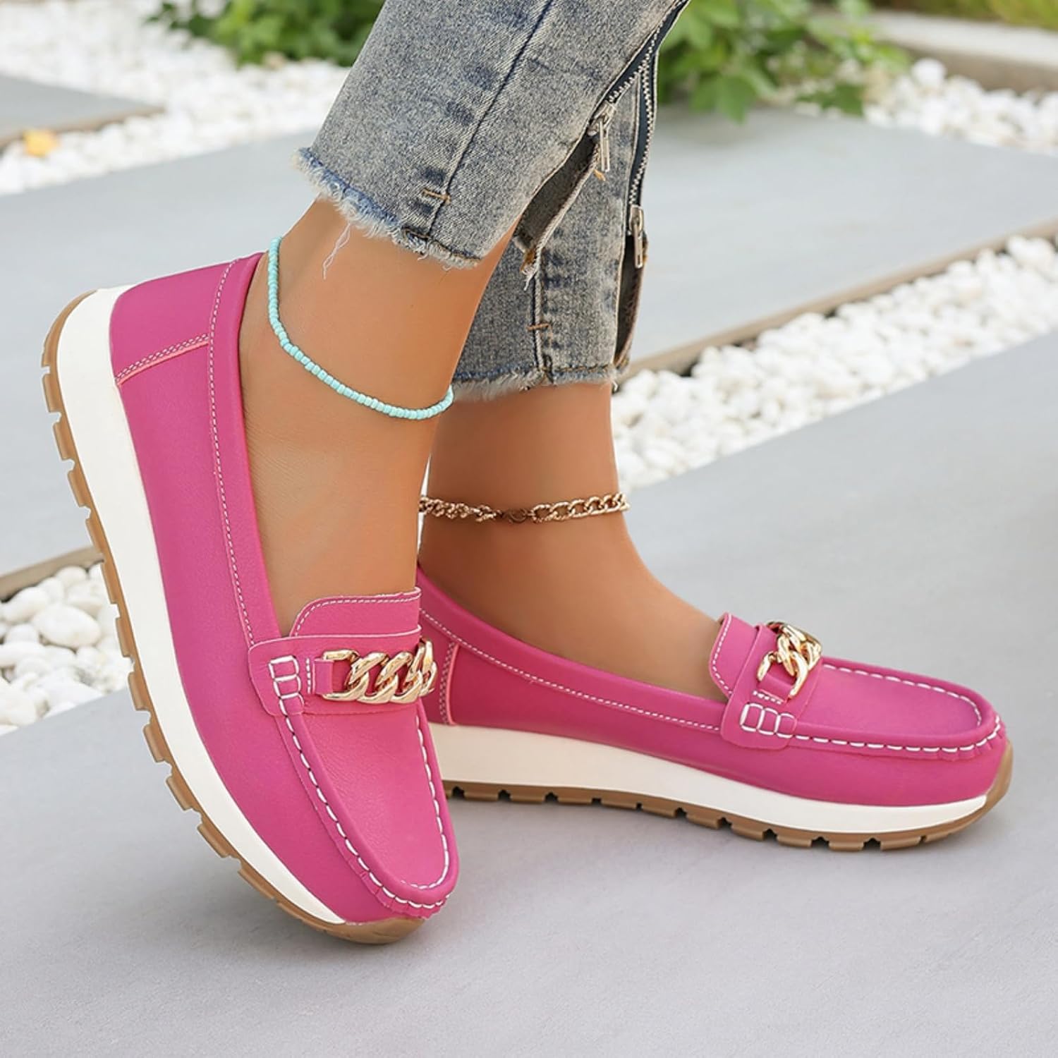 Women's Chunky Loafers for Women Comfortable Slip On Moccasins Lightweight Walking Driving Shoes with Gold Chain