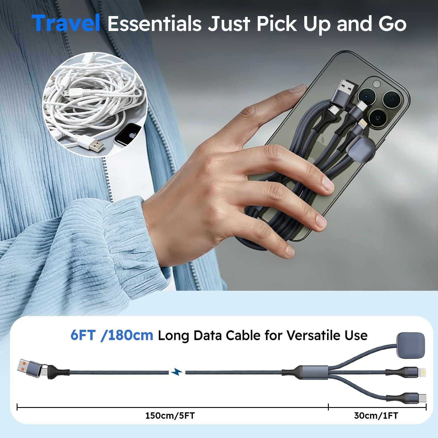 Travel Essentials Câble de charge multiple de 19,4 cm² pour Apple Watch, chargeur USB A/C vers chargeur de type C/IP/iWatch, câbles de charge pour plusieurs appareils compatibles avec iWatch Series et