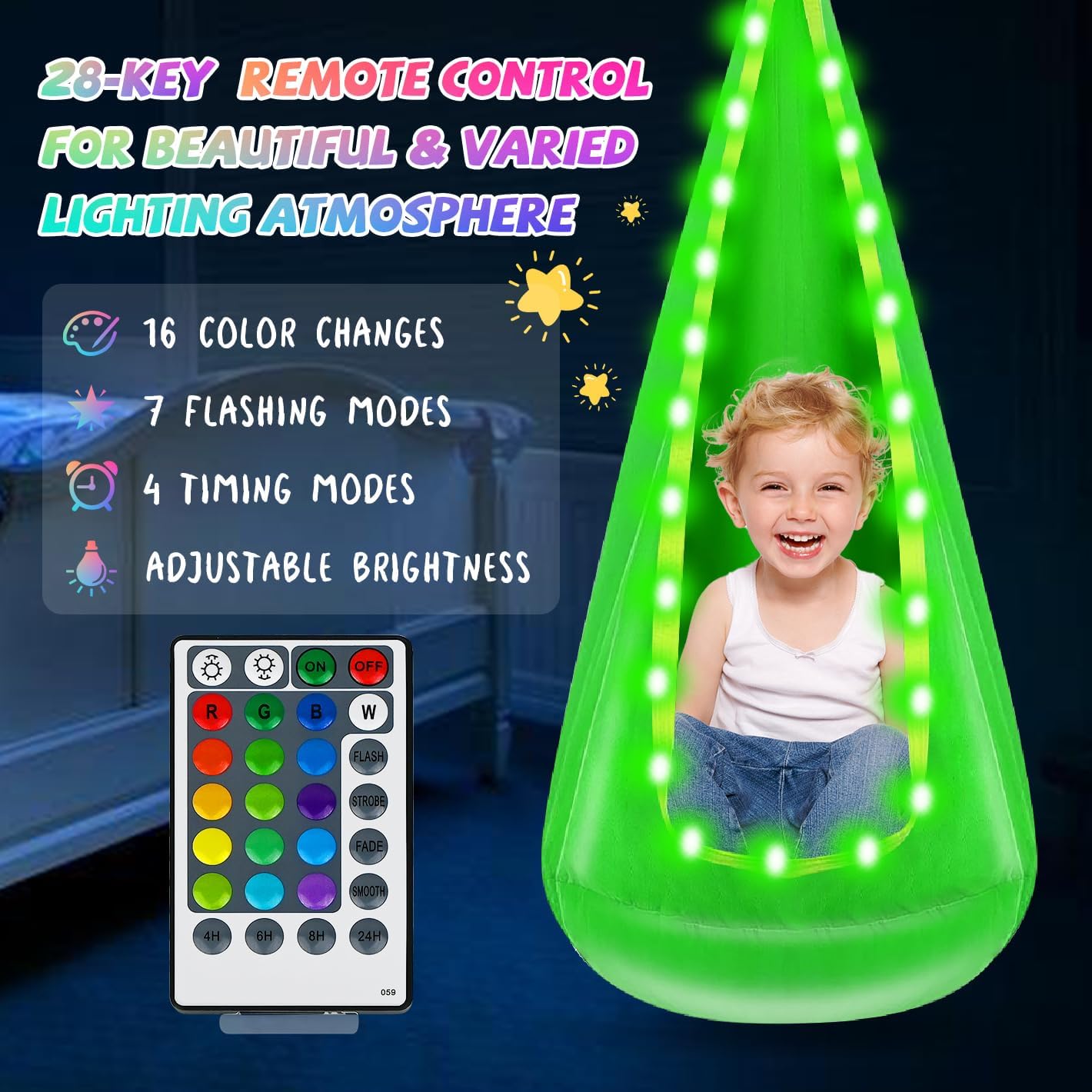 Light Up Kids Pod Swing Seat, Hanging Hammock Chair with LED Lights, Upgraded Cotton Child Sensory Swing Seat, Sensory Swing for Autistic Kids Indoor & Outdoor Play (Green) - Image 2