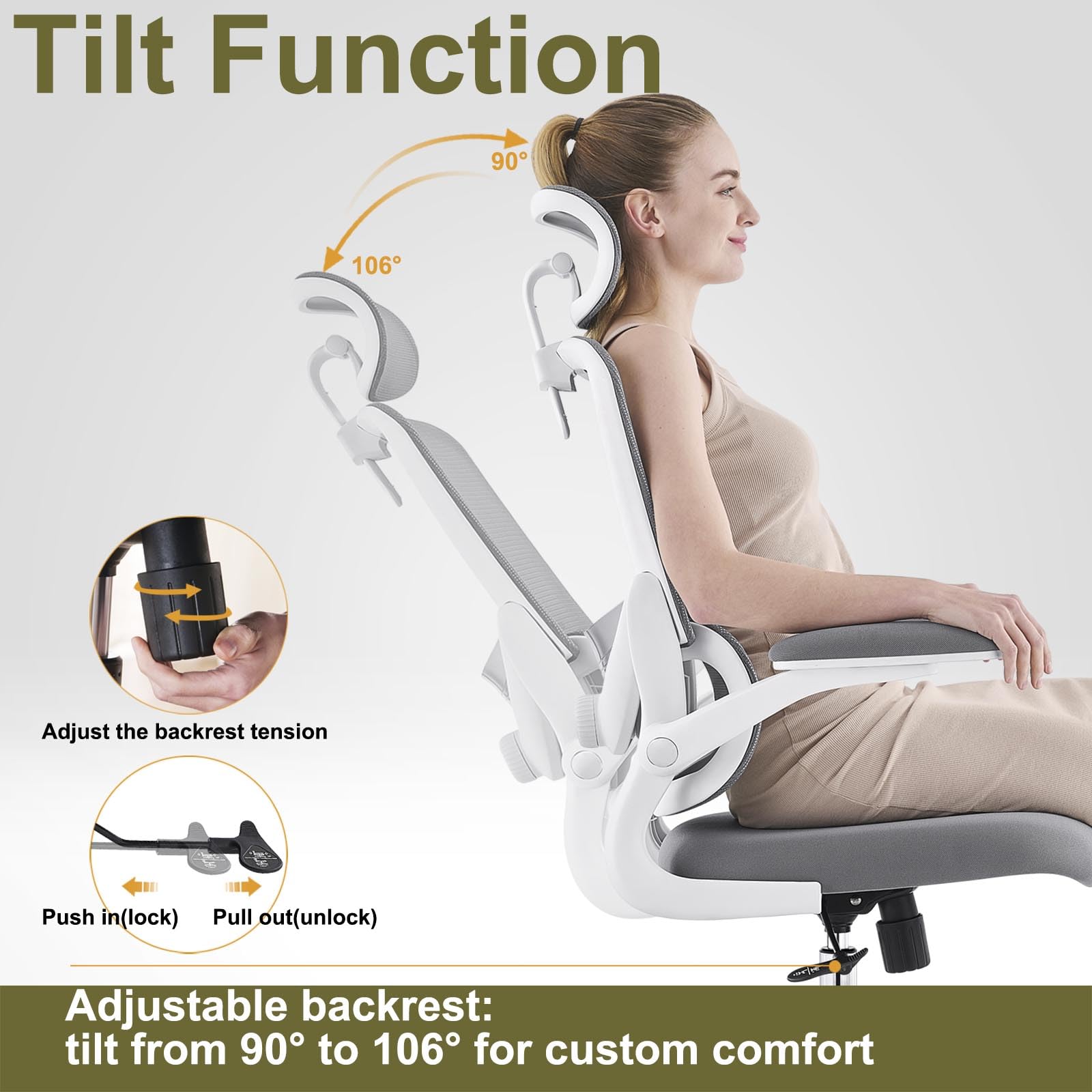Silla Ergonómica para Oficina, Silla de Escritorio Respaldo Alto de Malla, Soporte Lumbar Ajustable, Reposabrazos Abatible, Reposacabezas Desmontable, Silla Giratoria para Juegos, 150 KG