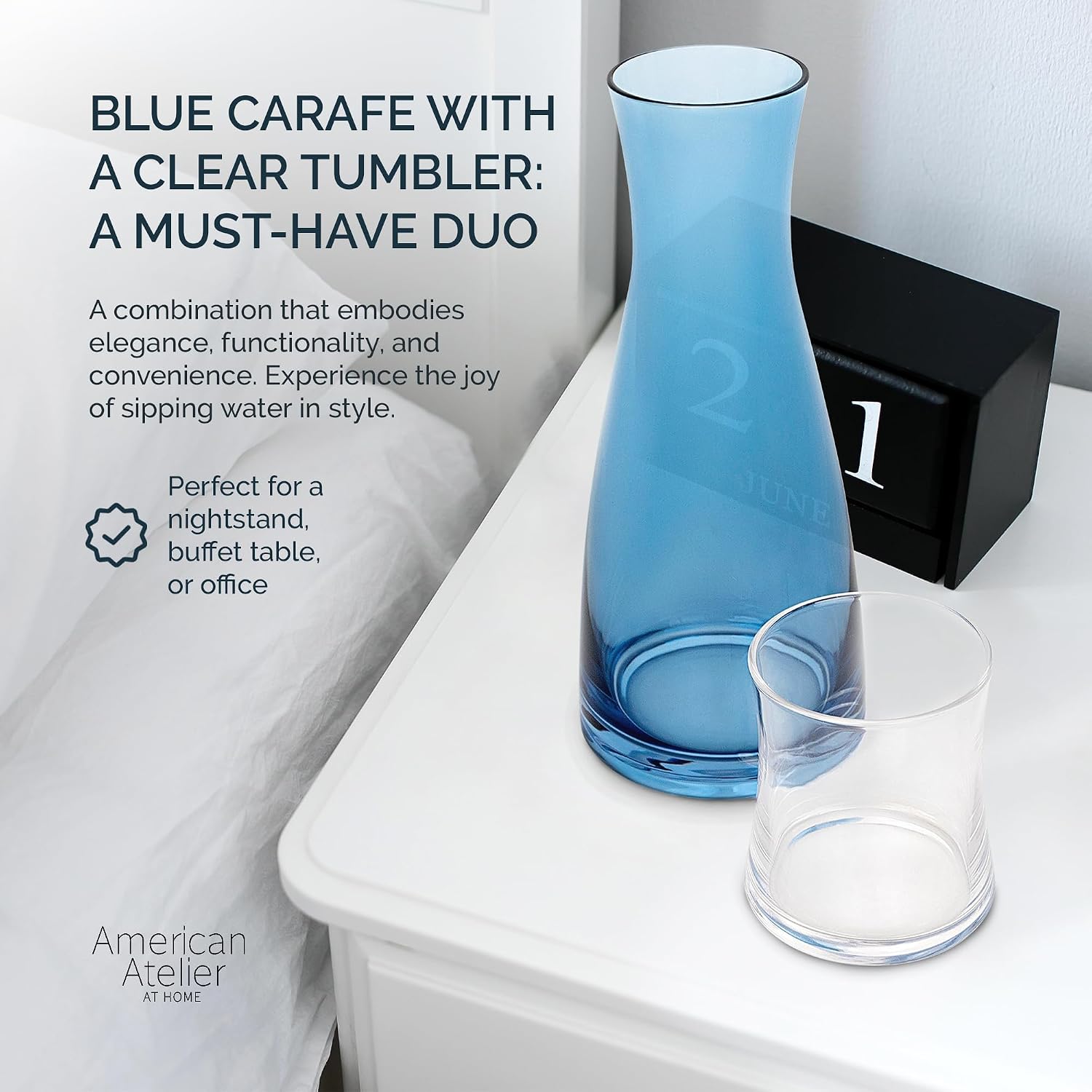 American Atelier 33 oz Bedside Water Carafe with Tumbler – 9" Glass Pitcher with Cup Lid for Nightstand, Guest Room & Office, Smooth Glass Design, Functional & Stylish Drinkware (Blue)