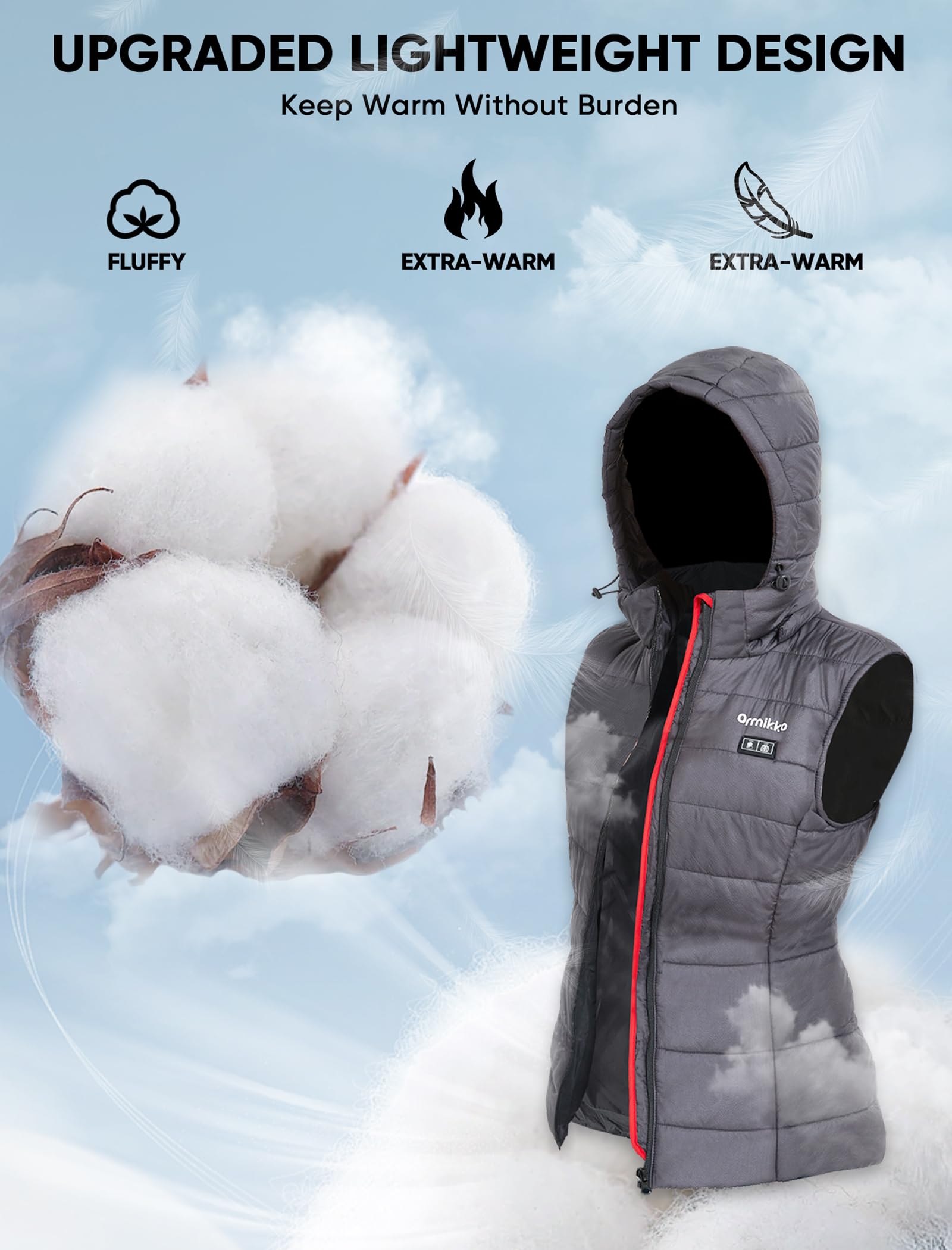 Gilet riscaldato da donna con batteria da 16000 mAh, ricarica rapida, leggero e ricaricabile, con cappuccio riscaldato, Grigio, Large