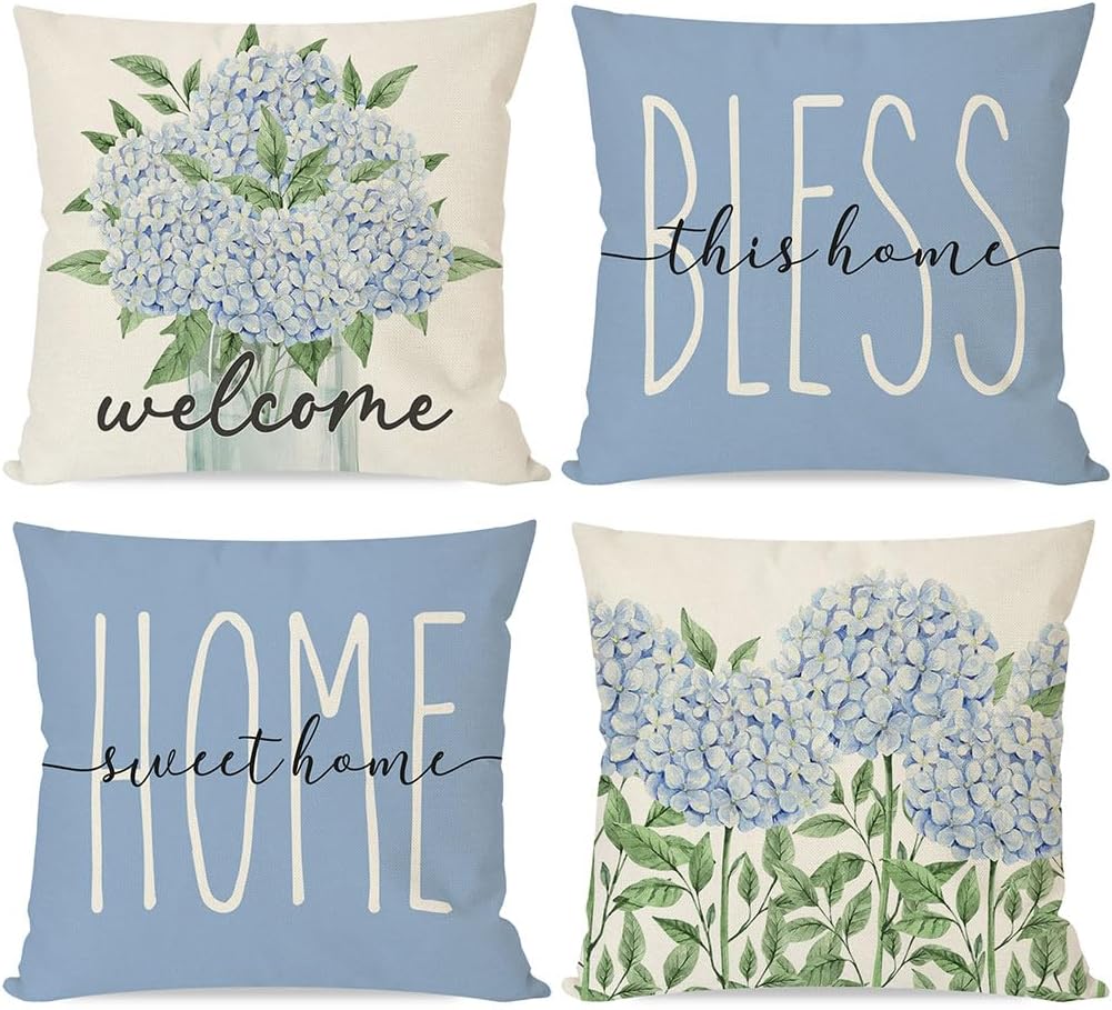 Beautiful Blue Hydrangea &Hummingbirds pillow Covers 18x18” Set of 4 Linen, Outdoor/Indoor main image 1