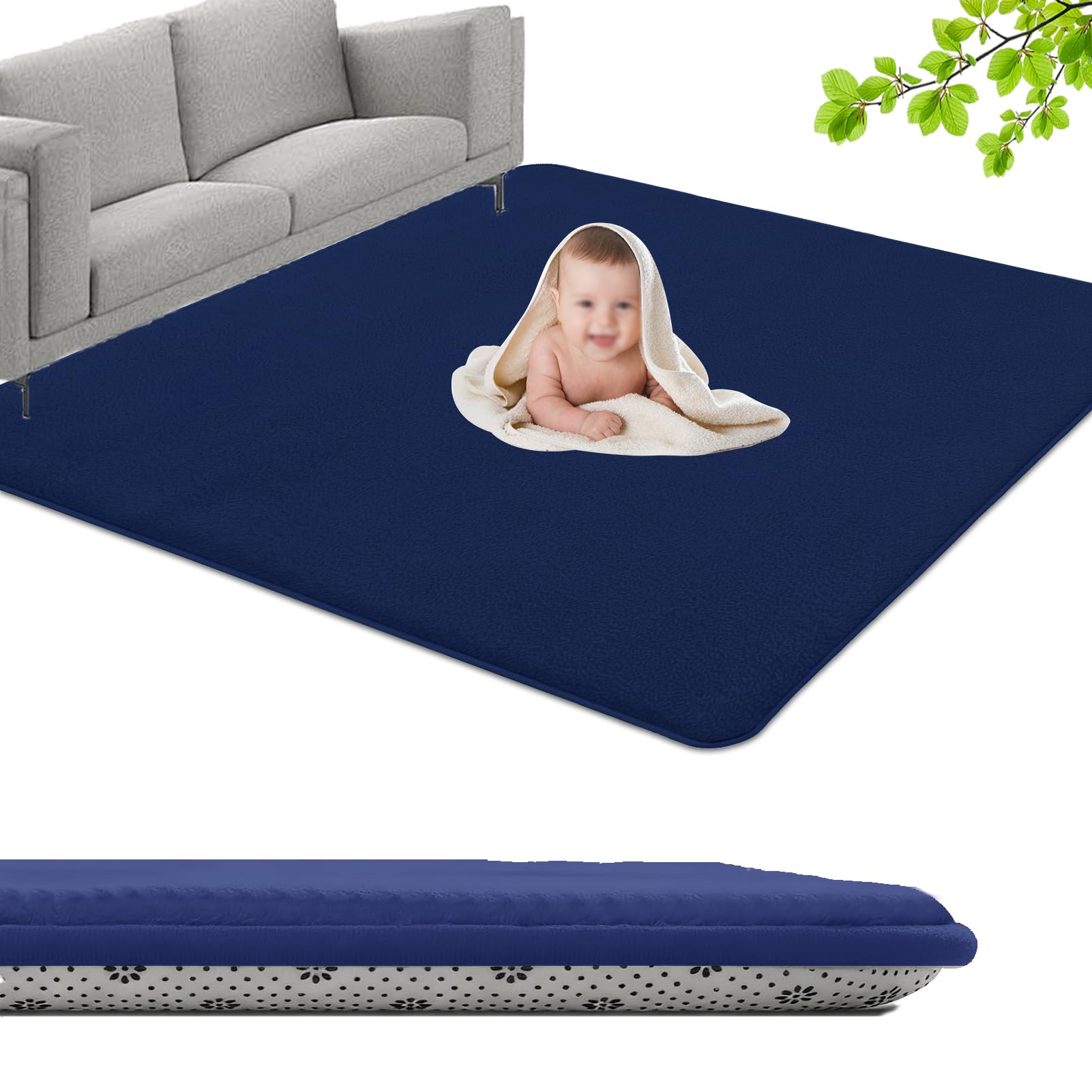 GmyoieqI Large Coral Velvet Baby Play Mat, 3CM Memory Foam Area Rug 140 x 200 cm Children's play mat Soft Play & Tummy Time, Playmat for Floor with Non-Slip Backing Crawling, Easy Care Rug Dark Blue