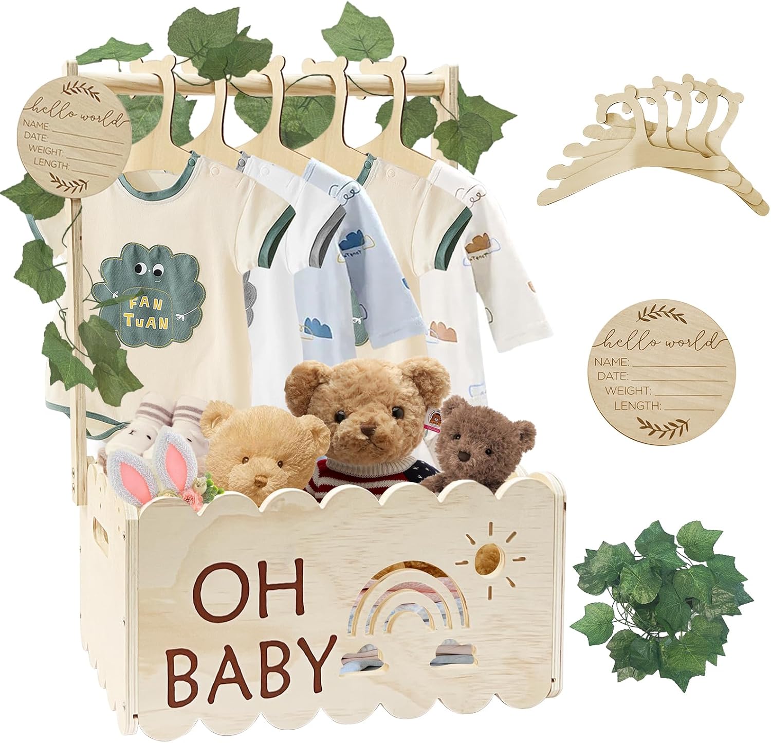 Baby Shower Crate Closet, Wooden Baby Shower Basket With Hangers, Baby Shower Clothes Rack, Welcome Baby Gift For For Newborn Boy Girl, Ideal Pregnancy Gift For New Parents