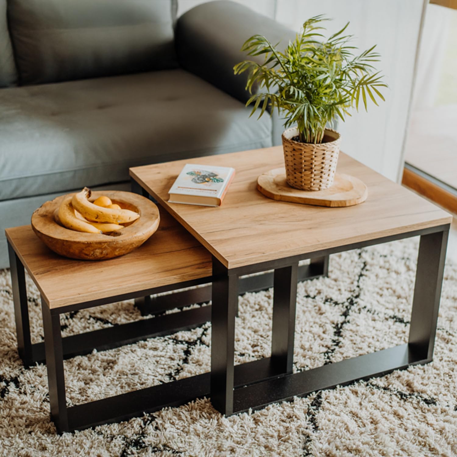 Bijzettafel Houten Blad Zwart Frame LEHMANN Salontafel Set Van 2 - Moderne Bijzettafels Met Zwart Frame En Houten Blad Voor De Woonkamer Sidetable Hout
