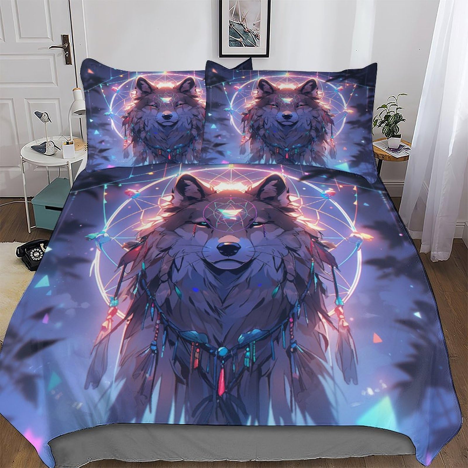 Housse de couette loup 220x240 parure de lit microfibre douce enfant attrape-rêves