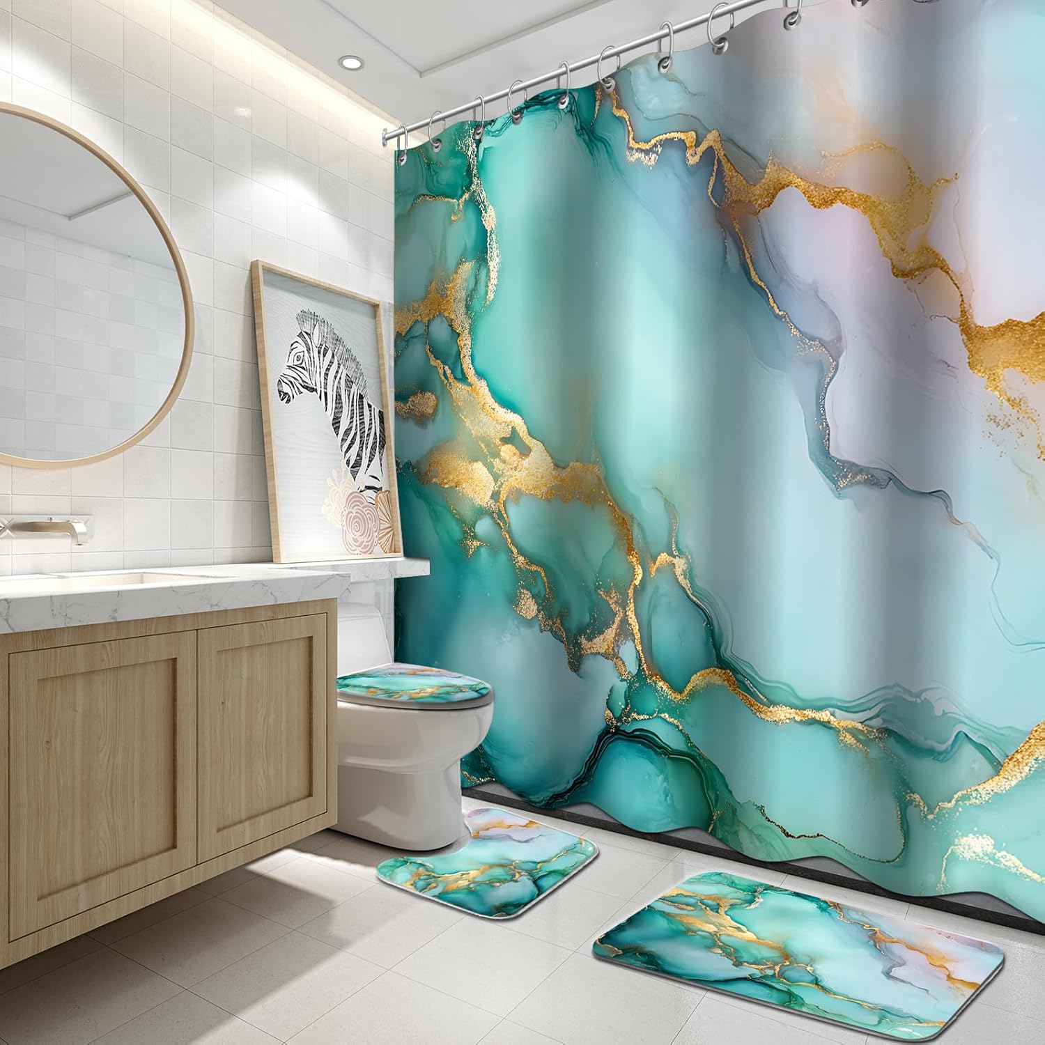 Lnond 4Pcs Marble Bathroom Sets with Shower Curtain and Rugs,Green Marble Modern Art Bathroom Shower Curtain Sets with Rugs and Accessories