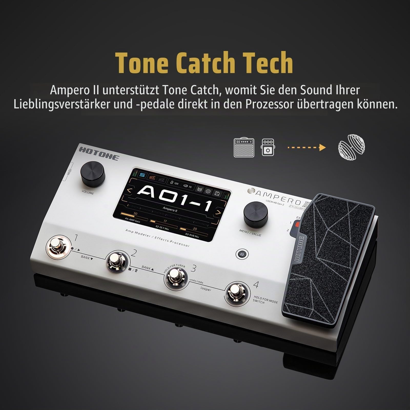 HOTONE Multi-Effektpedal-Dual-Effekt-Ketten mit Expression-Pedal, FX Loop, MIDI I/O Stereo, OTG, USB-Audio-Schnittstelle, Touchscreen, Ampero II (inklusive 10 zusätzlichen Fußschalter-Aufsätzen)
