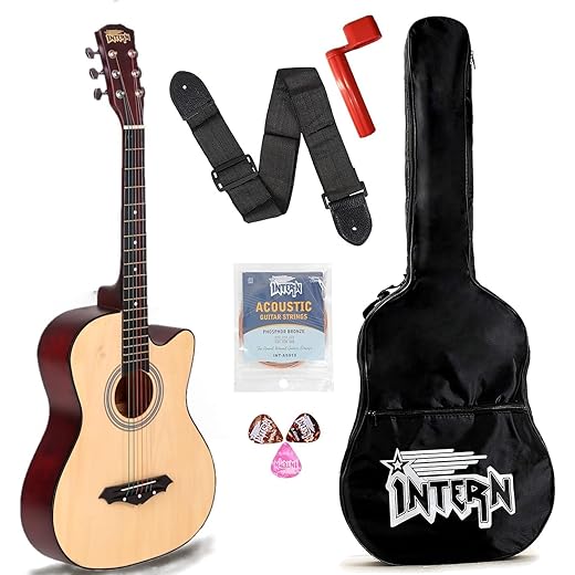 Intern INT-38C Acoustic Guitar Kit, With Bag, Strings, Pick And Strap, Natural