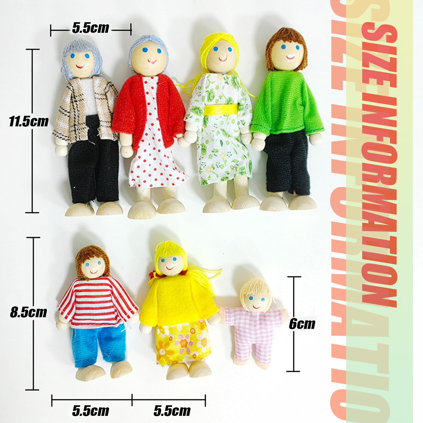 DAVBNM Sets of 7 People Wooden DollHouse Family Dolls Toys, Wooden Figure Set, Lovely Happy Family Doll Playset - Image 2