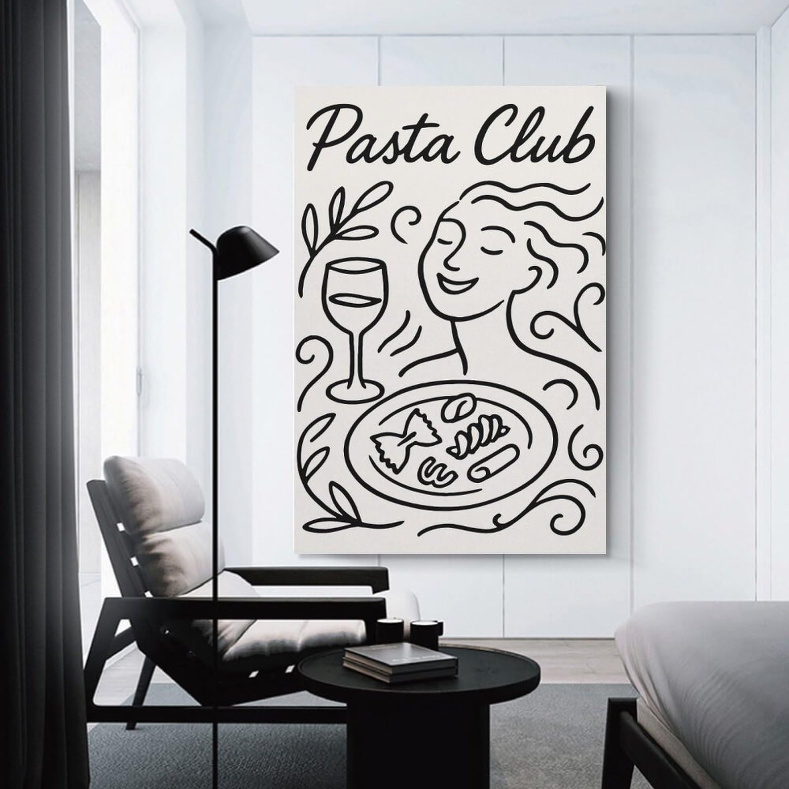 Junmoney Pasta Club Line Art Illustration Hanging Wall Art 20x30inch(50x75cm), for Small Homes, Bedrooms Or Open Spaces, An Easy Choice for New Home Styling