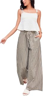 Yeokou Women's Wide Leg Striped Pants Cotton Palazzo Trousers(Black-Medium) | Mid Rise, Cotton Trousers, Trousers with Pockets, Drawstring Pants
