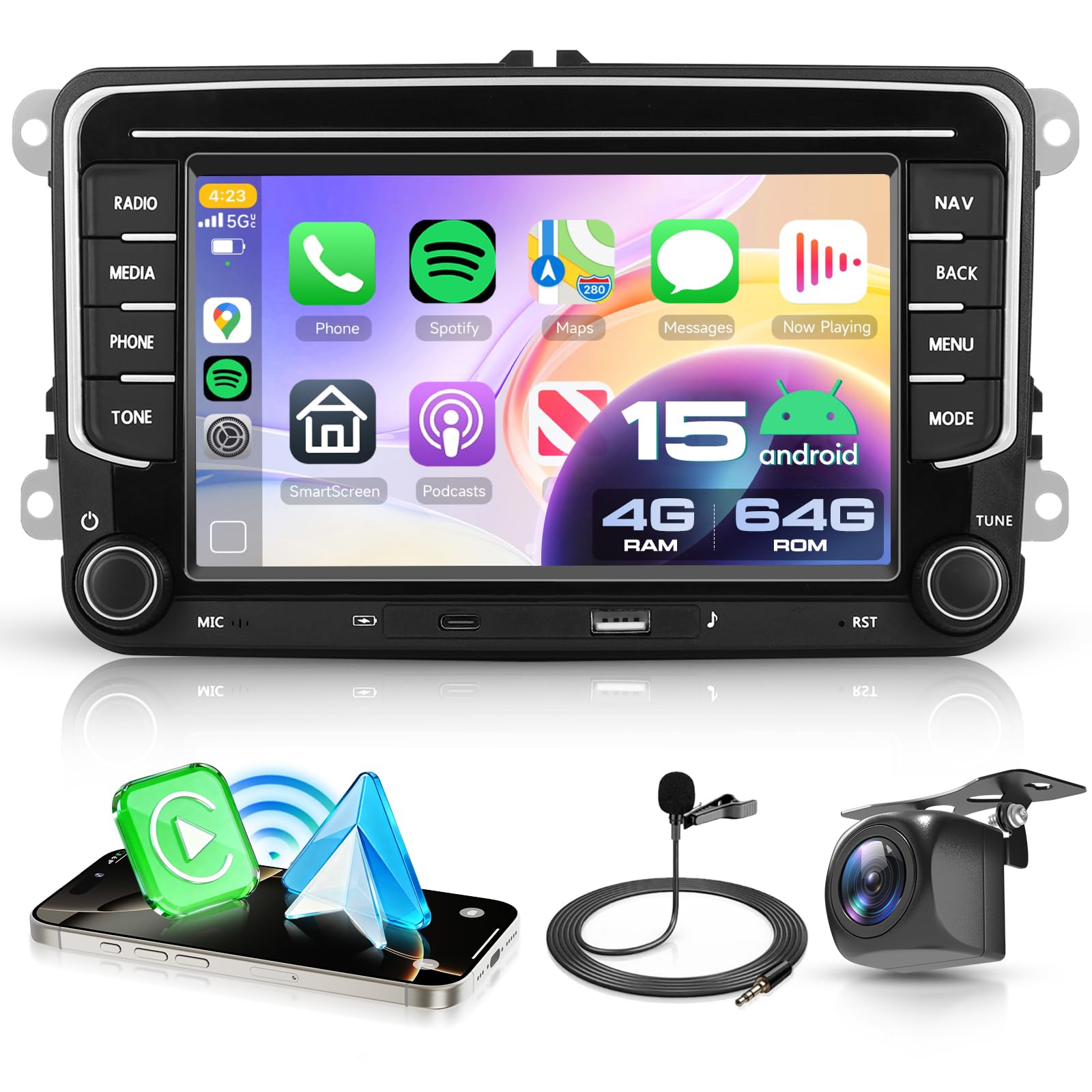 VECHTEL4G+64G Android 15 Autoradio per VW Golf 5 6 Passat Jetta Caddy EOS T5 Tiguan Touran CC Polo, 7" HD Schermo Tactile co Carplay Android Auto senza Fili GPS WiFi USB Tipo-C Bluetooth FM RDS Camera