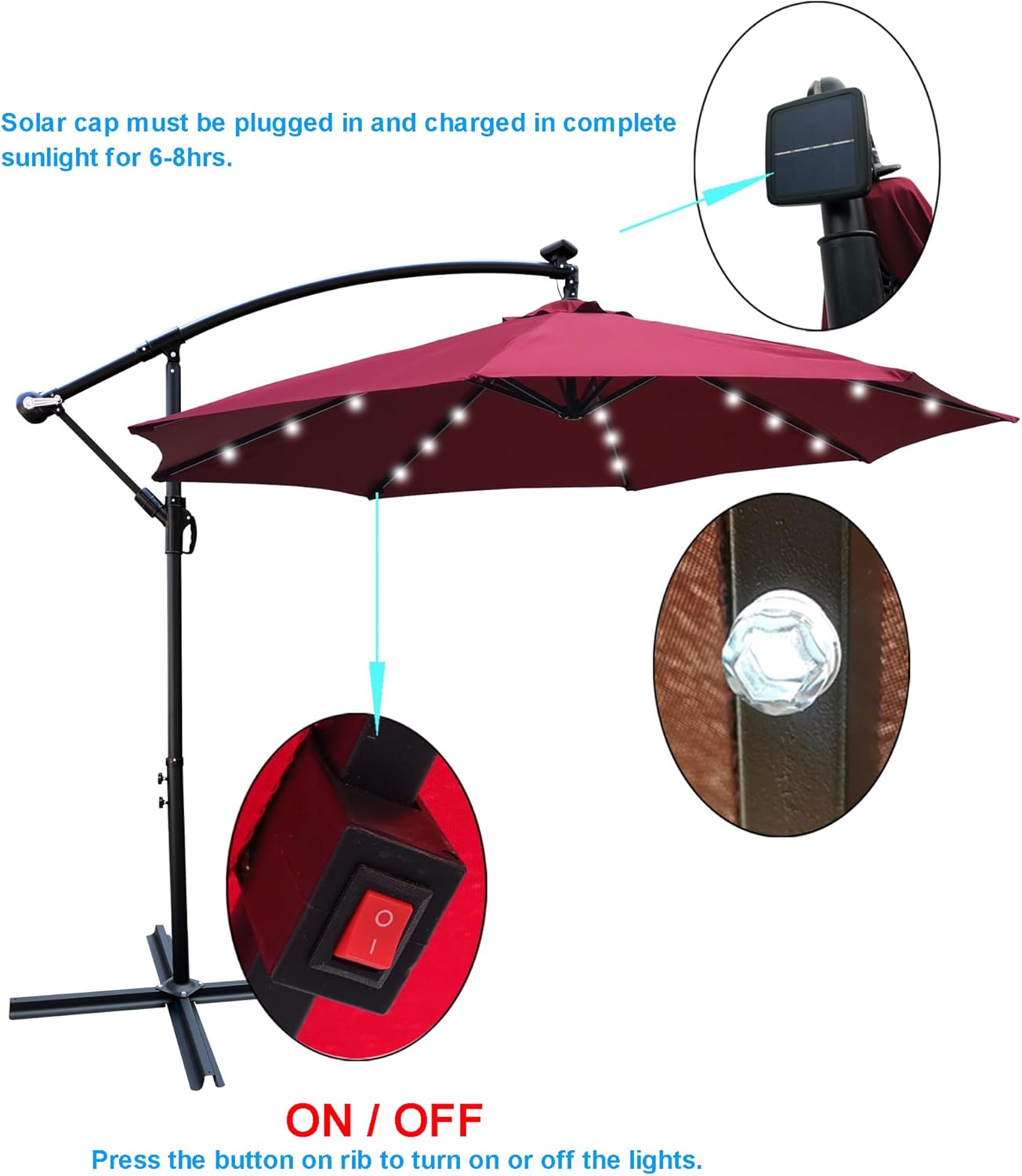 10FT Patio Umbrella, Outdoor Offset Umbrella with Cross Base and Crank, Cantilever Umbrella with Solar Lights, Hanging Market Umbrella with Sturdy 8 Rids for Pool, Deck, Backyard, Porch (Burgundy)