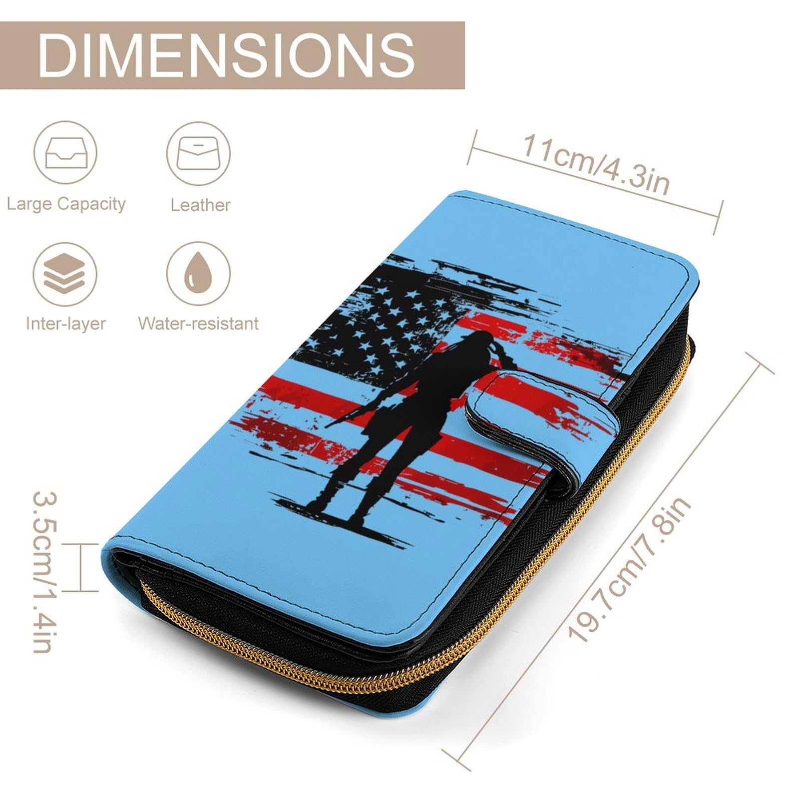 Veterans U.S Flag Salute Long Wallet PU Leather Credit Card Holder Durable Zippered Purse Clutch Wallet