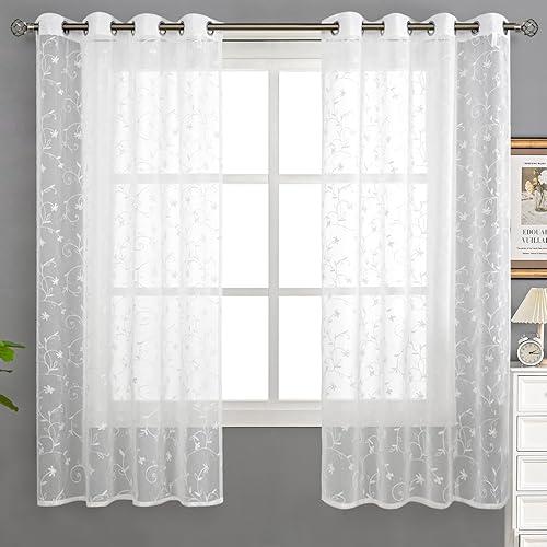 Miniatura 6 de BGment Cortinas semitraslúcidas bordadas florales, juego de 2 paneles de lino sintético con ojales, cortinas de ventana para sala de estar y
