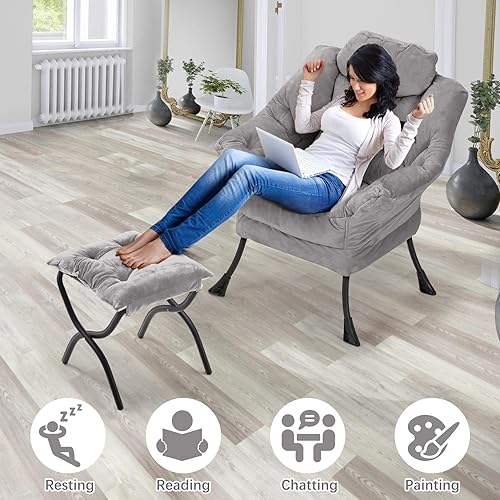 Miniatura 7 de Silla perezosa con otomana plegable, sofá de ocio, sillón de tela suave con reposabrazos y bolsillos laterales, silla de lectura con reposapiés para