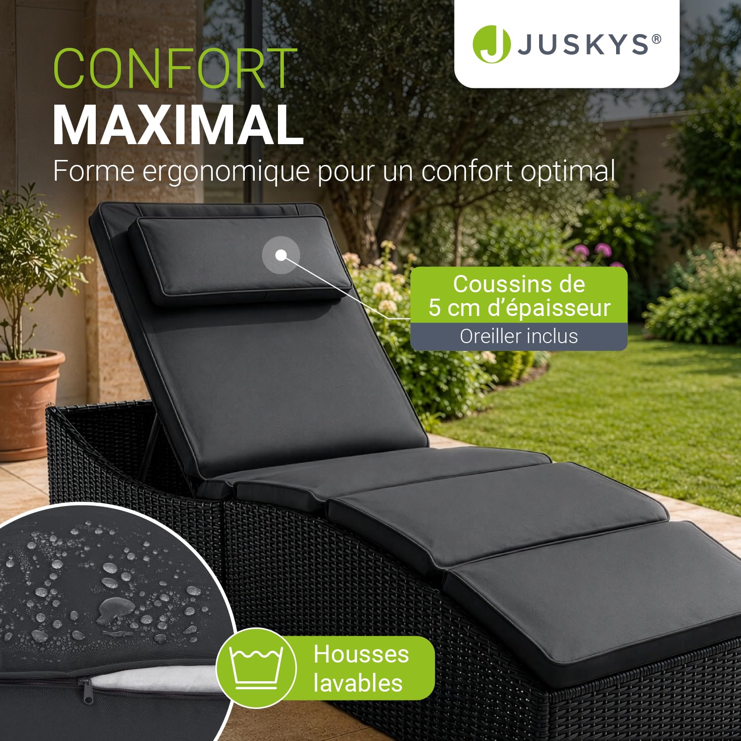 Juskys Chaise Longue de Jardin Lamia Pliante, en polyrotin, avec Support, appuie-tête réglable, Charge maximale de 160 kg - Chaise Longue extérieure de Jardin et Balcon, Noir