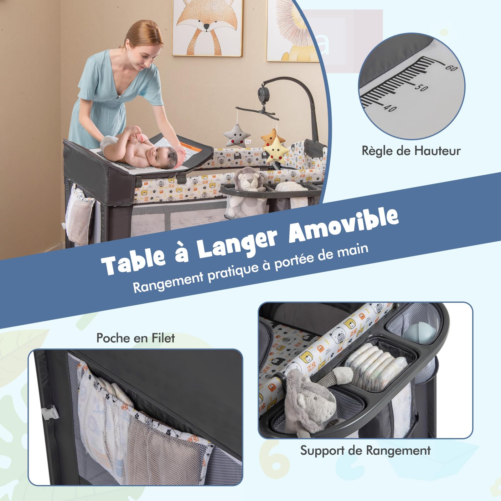 COSTWAY 5 en 1 Lit Parapluie Bébé avec Matelas & Table à Langer, Lit Bébé Évolutif avec 5 Hauteur Réglables, Musique et Jouets Suspendus, Mode Bascule, Charge 15kg pour Bébé de 0-3 Ans