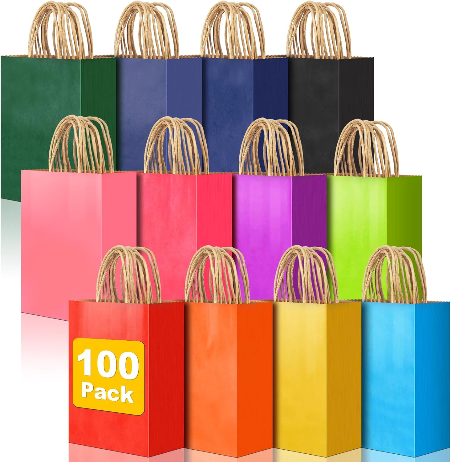 100 PCS Small Gift Bags with Handles, 5.91"x3.15"x8.27" Party Favor Bags, 12 Colored Goodie Bags for Birthday Party, Kraft Paper Gift Bags Bulk for Wedding, Baby Shower, Celebrations, Party Supplies