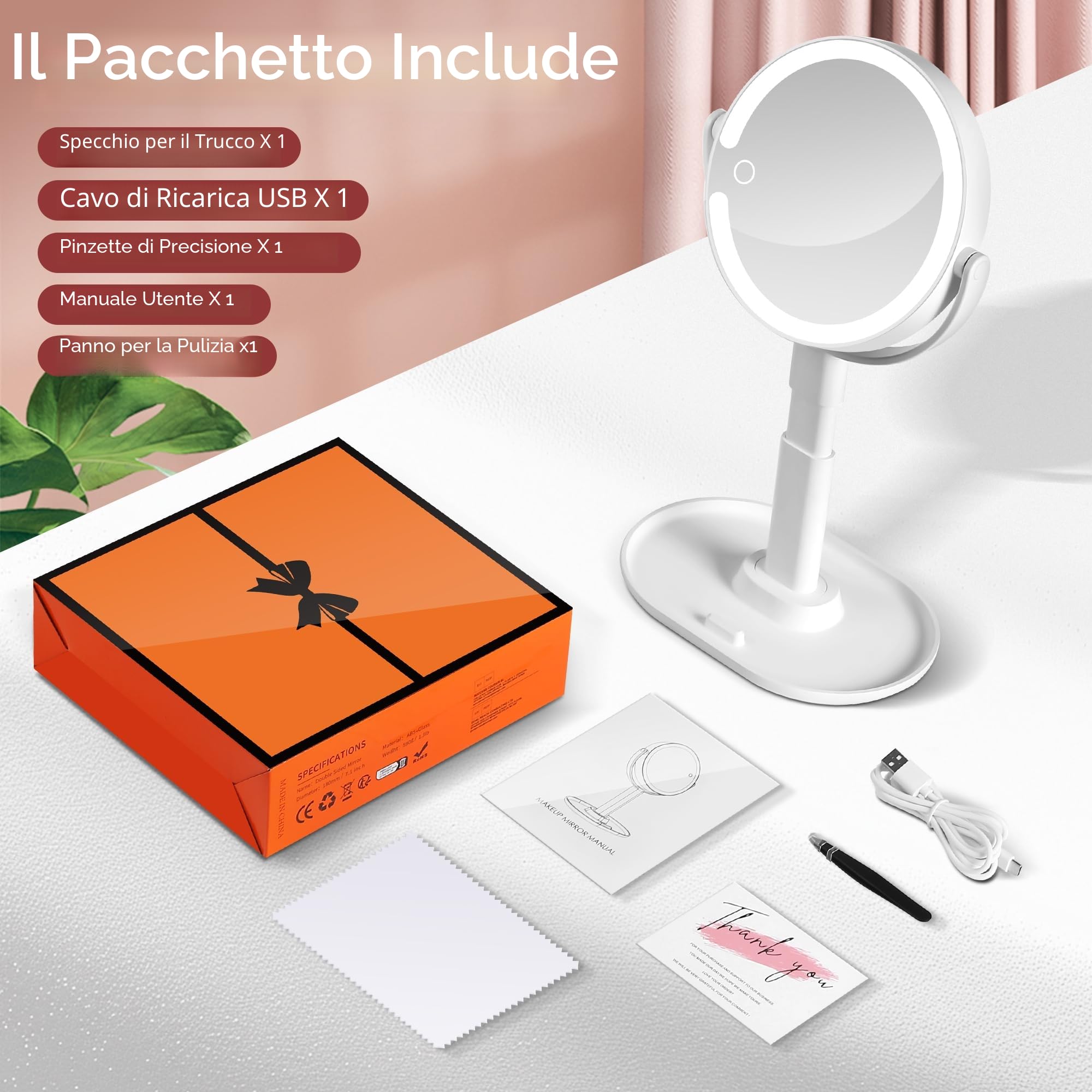 B Beauty Planet Specchio da Trucco Illuminato 30 X con 3 Luci di Colore, LED Dimmerabile e Regolabile in Altezza – Specchio Cosmetico 2 Lati per Bagno – Regalo per Donne Bianco