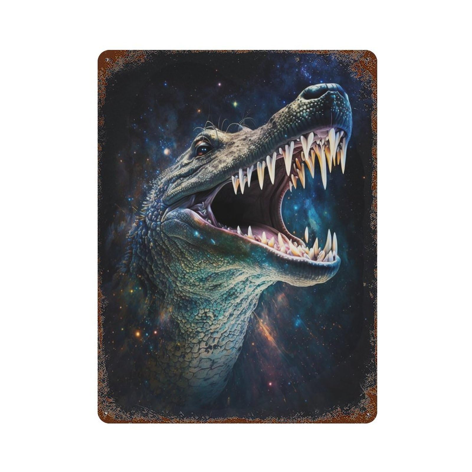 Galactic Crocodile Head-2 Rustic Tin Plaque 15.7"x11.8", Industrial Home Decor for Pub, Kitchen And Man Cave Decor