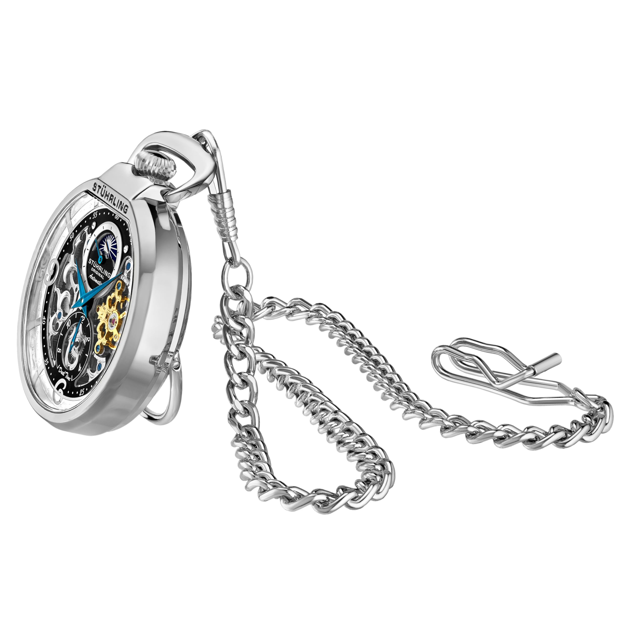 Stuhrling Original Orologio da tasca automatico da uomo, orologio da tasca a carica automatica con catena in acciaio inossidabile, sole/luna