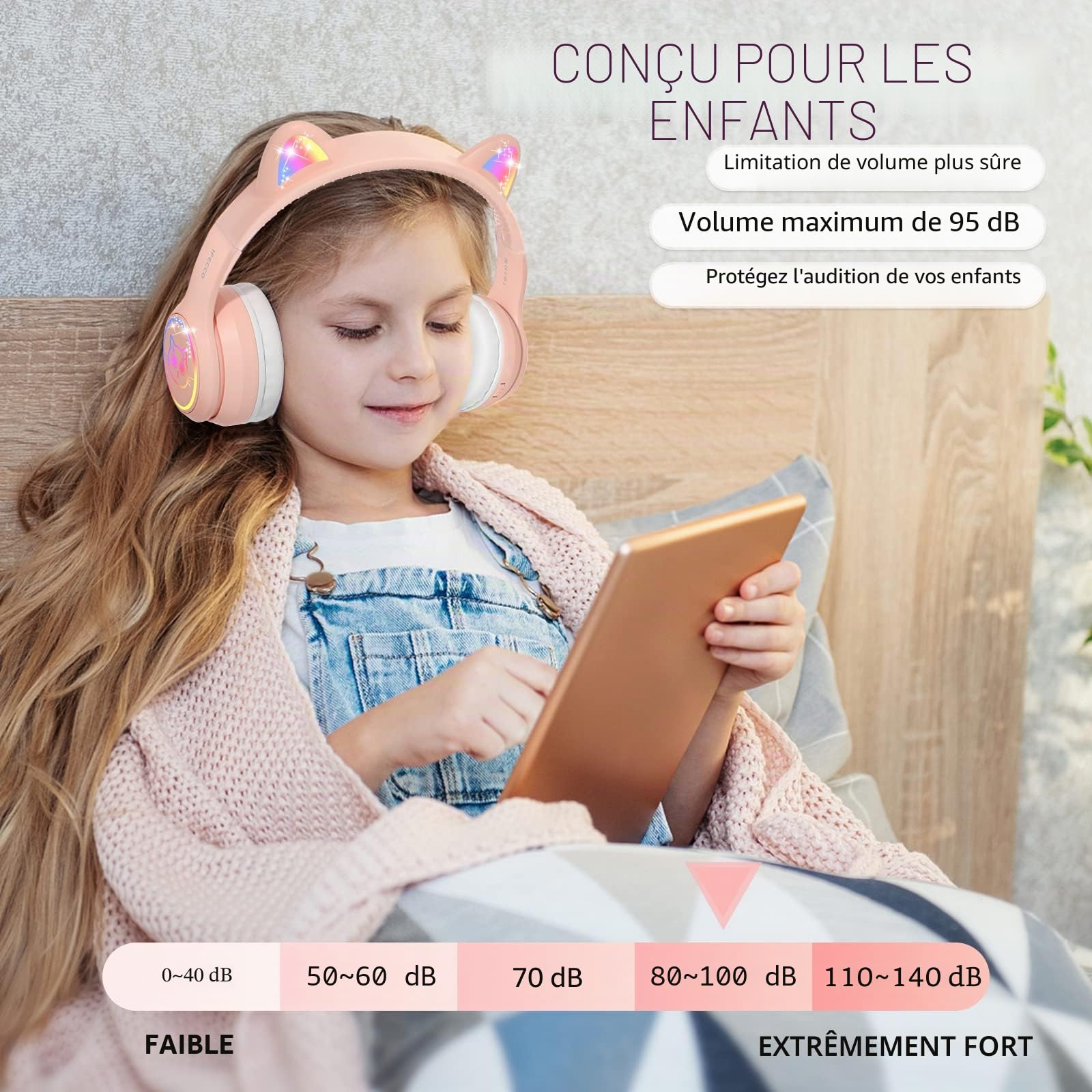 IFECCO Casque Audio Enfant avec Microphone,Casque d'écoute à Lumière LED pour Chat avec étui Casque Bluetooth sans Fil Enfant pour Ecole Tablette Téléphone