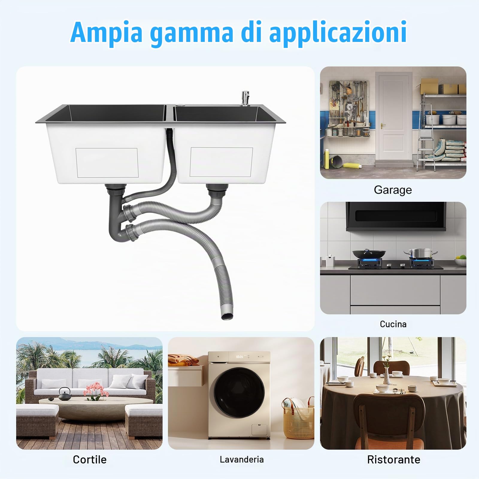 Lavello da cucina doppio in acciaio inox, 2 vasche da incasso, con scolapiatti e dispenser di sapone, colore: nero, 78 x 43 x 22 cm