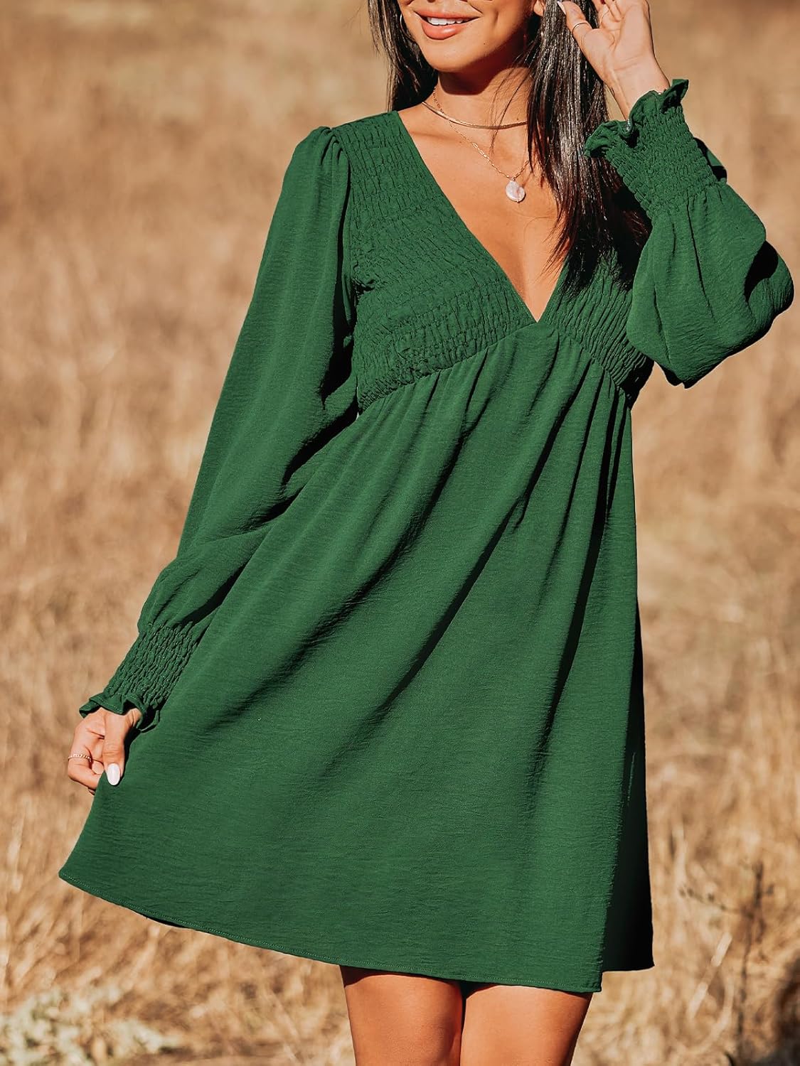 CUPSHE Women's Mini Dress Smocked V Neck Long Sleeve Empire Waist Casual A Line Dress - Image 4