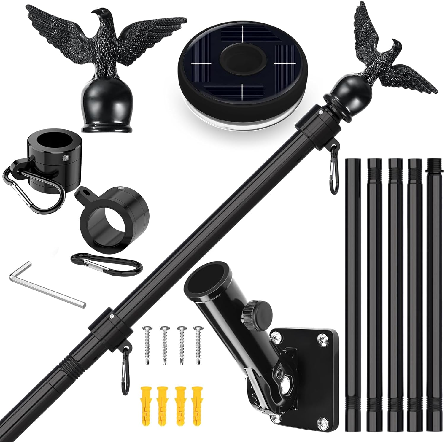 LETSTRY 6FT Flagpole Kit for House with Solar Light and Adjustable Bracket, 1' Thickened Stainless Steel Outside Wall Mount Flagpole for 3x5' American Flag, for Residential, Outdoor or Porch, Black