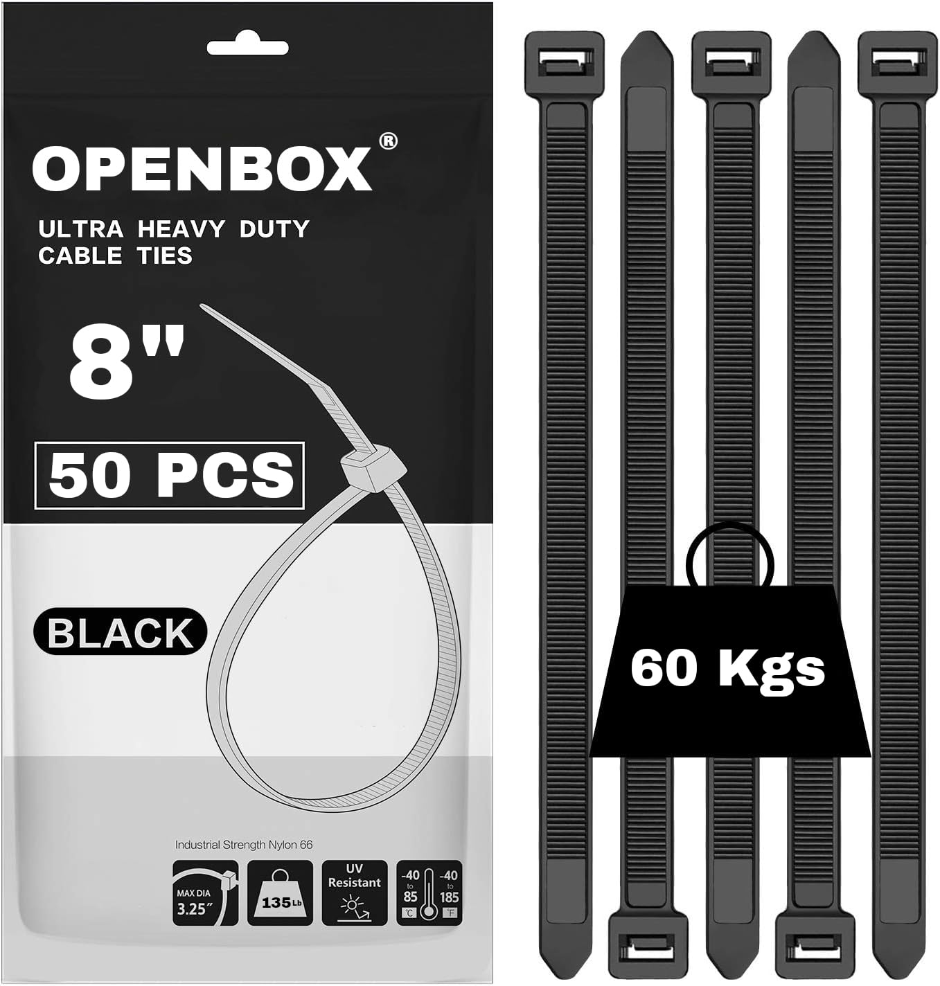 OPENBOX Cable Ties (200mm x 7.6 mm)(8 Inch, Pack of 50), Heavy Duty Zip Ties Self Locking Strength up to (60 KGS) Tags for Packaging Cable tie, Zip Lock, Tags for Wire Fastener Organizer Tie (Black) (B0D79HS12B) Amazon Price History, Amazon Price Tracker