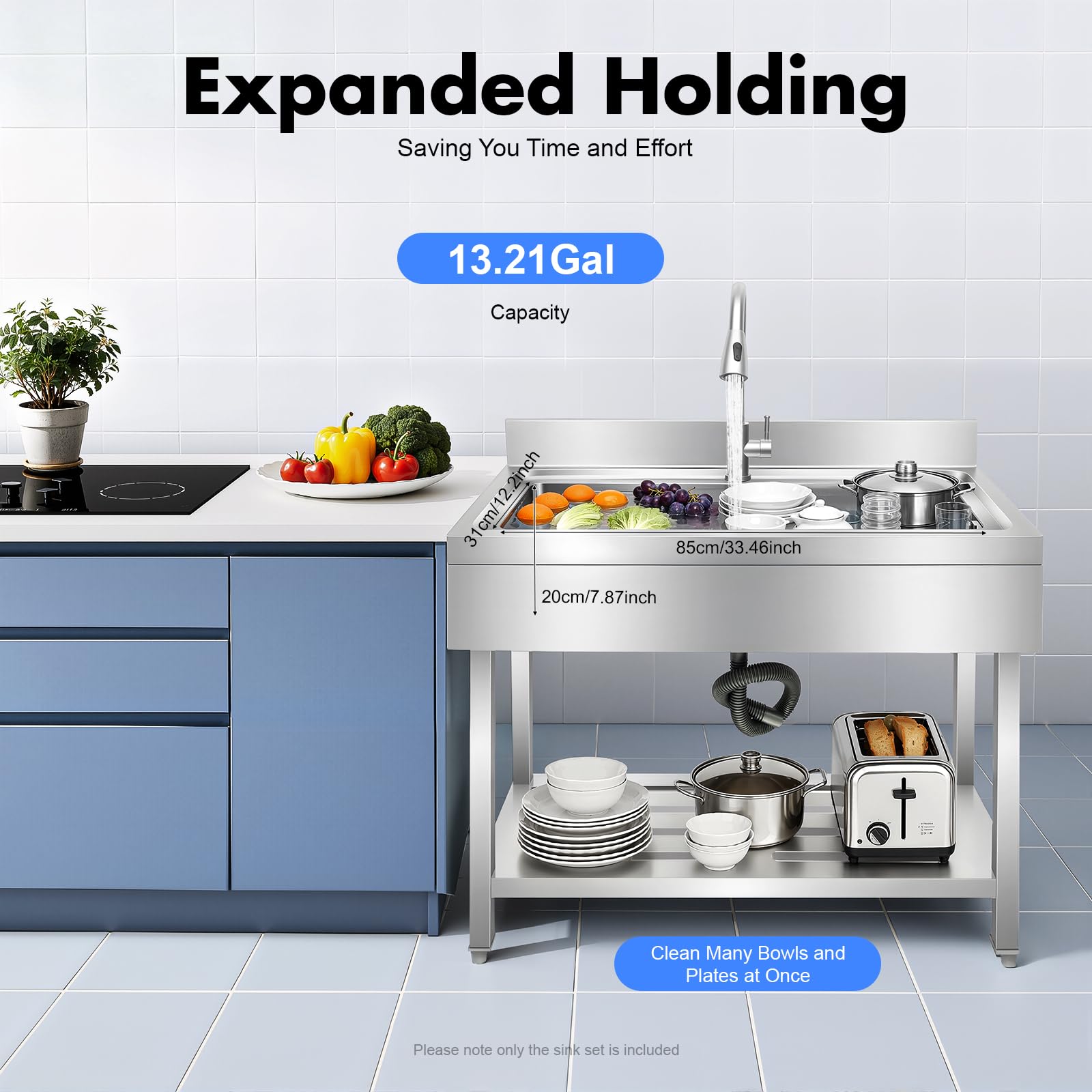 Condition photo showing New/Like New for stainless steel utility sink, freestanding single bowl laundry sink with 360° pull-out faucet, adjustable feet & storage shelf for kitchen laundry room farmhouse indoor and outdoor, 39" x 20" x 31.5"