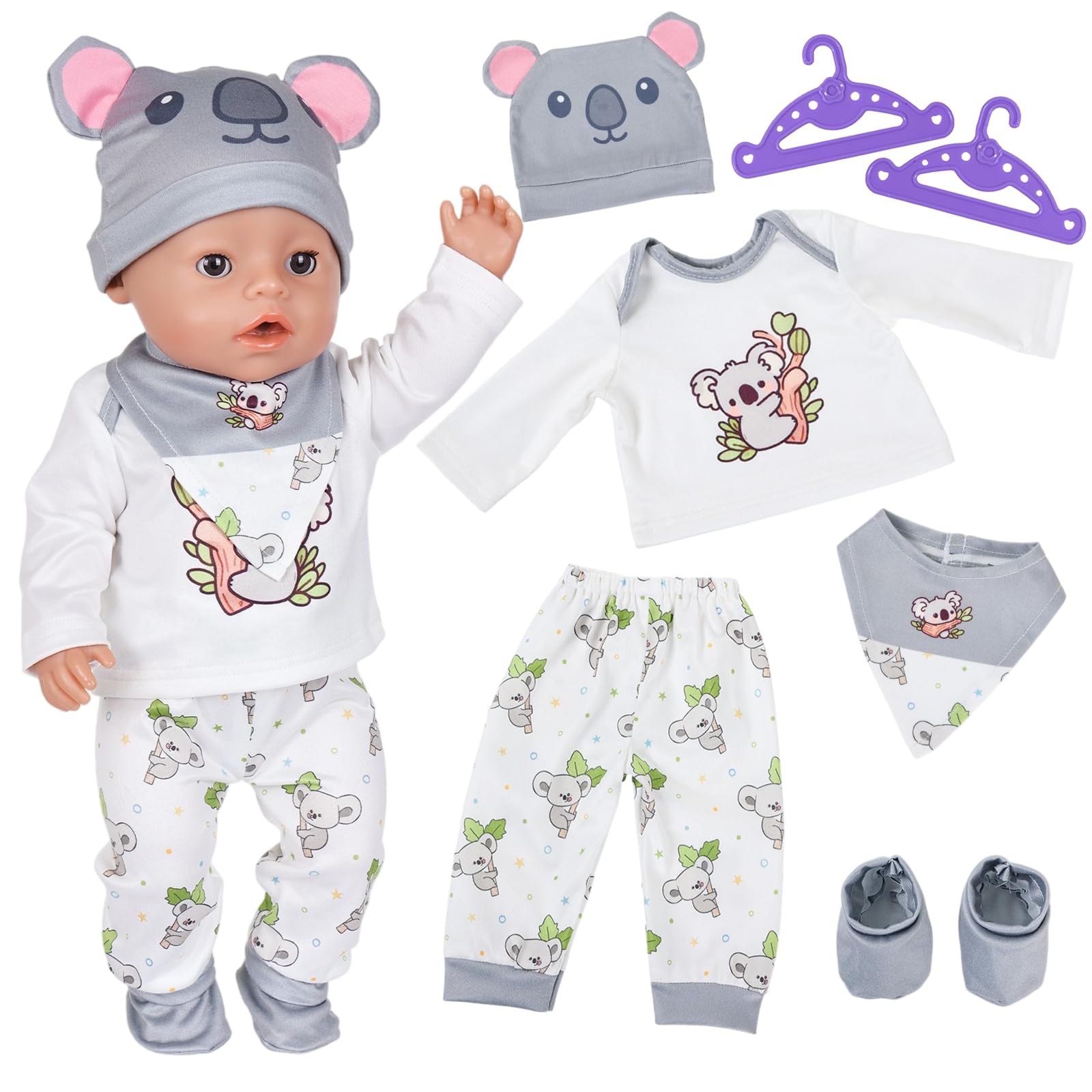 7 Pcs Cute Grey Koala 14-17 inch Baby Doll Clothes Doll Clothes for Dolls for 35-43cm Baby Dolls with Top Pant Bib Socks Hat Hangers 43cm Baby Doll Outfits Doll Accessories Children Birthday Gifts