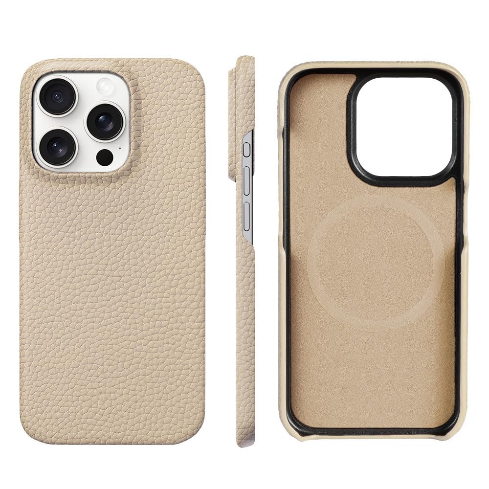 Coque iPhone 15 Pro Max cuir litchi beige anti-choc magnétique - 8