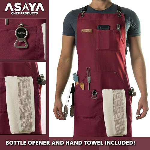 Miniatura 2 de Asaya - Delantal de chef para hombres y mujeres más toalla de mano y abrebotellas, de lona de 10 onzas