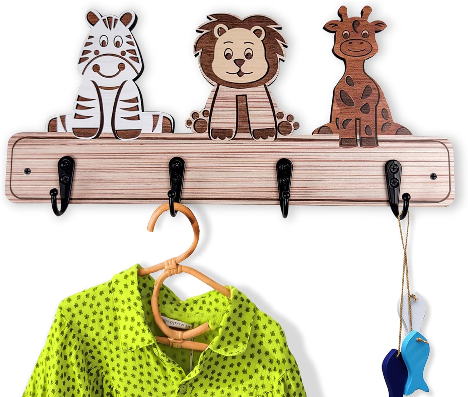 Kids Toddler Coat Hat Rack -13.7" Long Nursery Wood Colorful Cute Animal Wall Hooks Mount for Kids Room