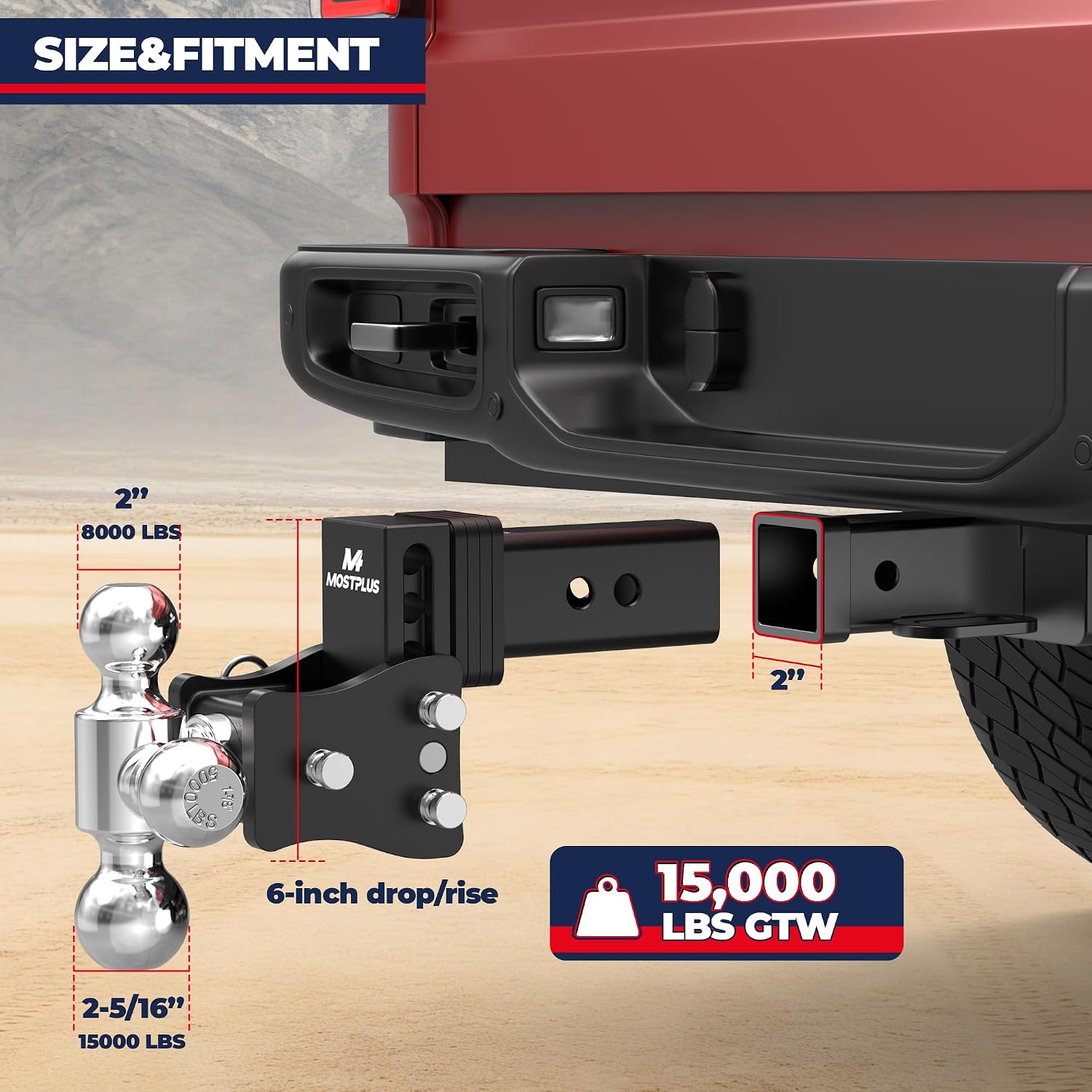 MOSTPLUS Trailer Hitch, 2 Inch Receiver, Tri-Ball Mount with 2" & 2-5/16" & 1-7/8" Balls, 5,000-15,000 LBS GTW, 6" Adjustable Height Heavy Duty Towing Hitch for Most Truck & SUV