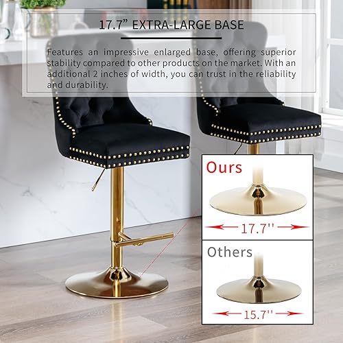 Miniatura 6 de Juego de 2 taburetes de bar giratorios de terciopelo negro con respaldo tapizado, taburetes de bar ajustables en altura de mostrador, sillas de bar
