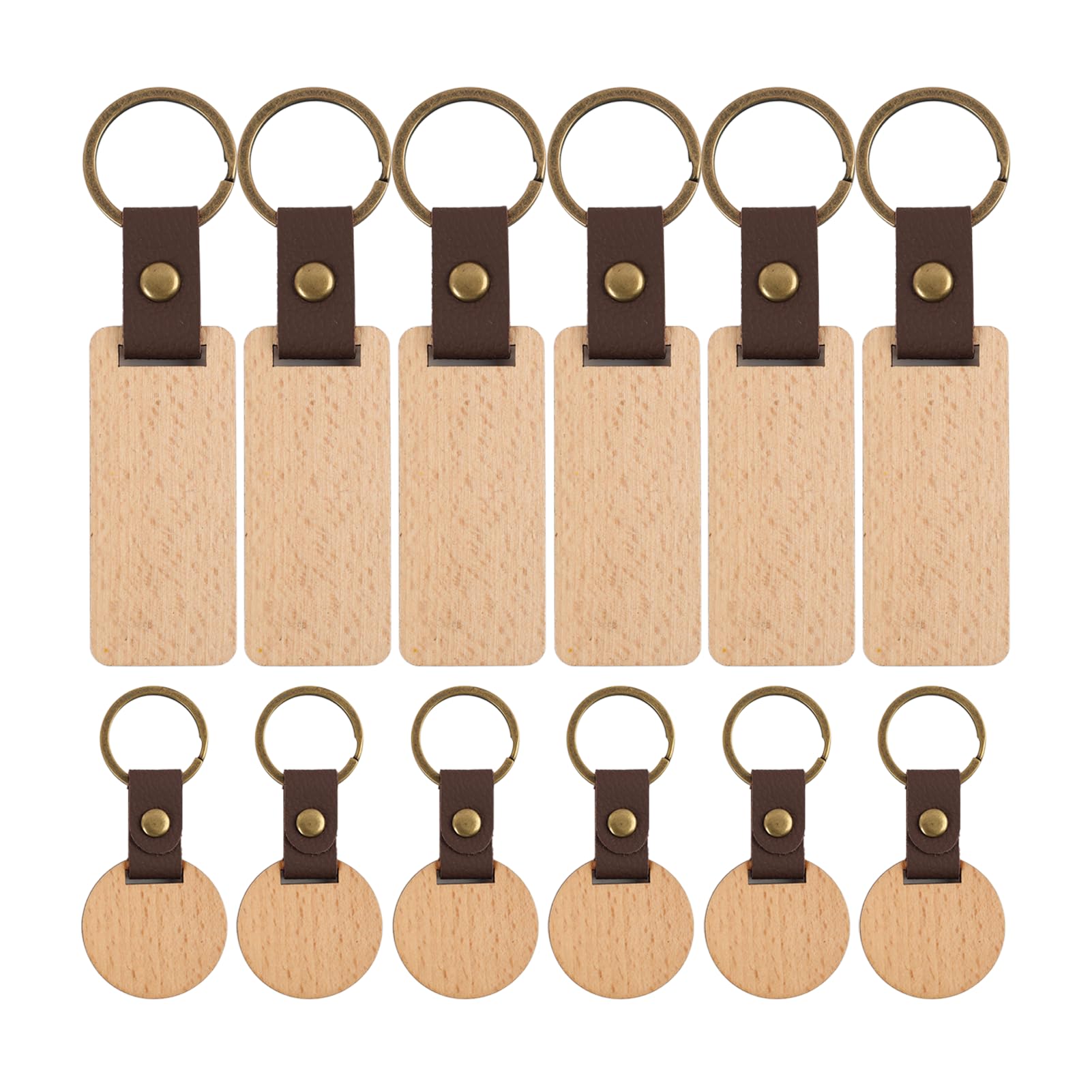 12 Pieces Wooden Keychain Blanks, Laser Engraving Blanks, Beech Wooden Keyrings Blank Set With PU Leather And Thick Metal Rings for DIY Gift Crafts, Pet Tags Key Ring Key Tag (Rectangle & Round)