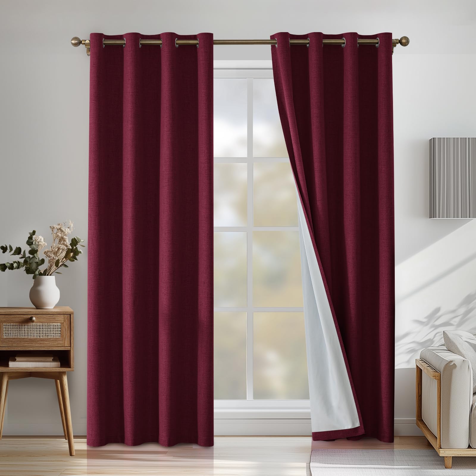 Tende Per Interni Lino 2 Pezzi, 200x245cm, Tenda Termica Isolante Freddo E Caldo, Tende Insonorizzanti, Moderne Coprente Tenda Con Anelli, Per Soggiorno Camera Da Letto, Bordeaux