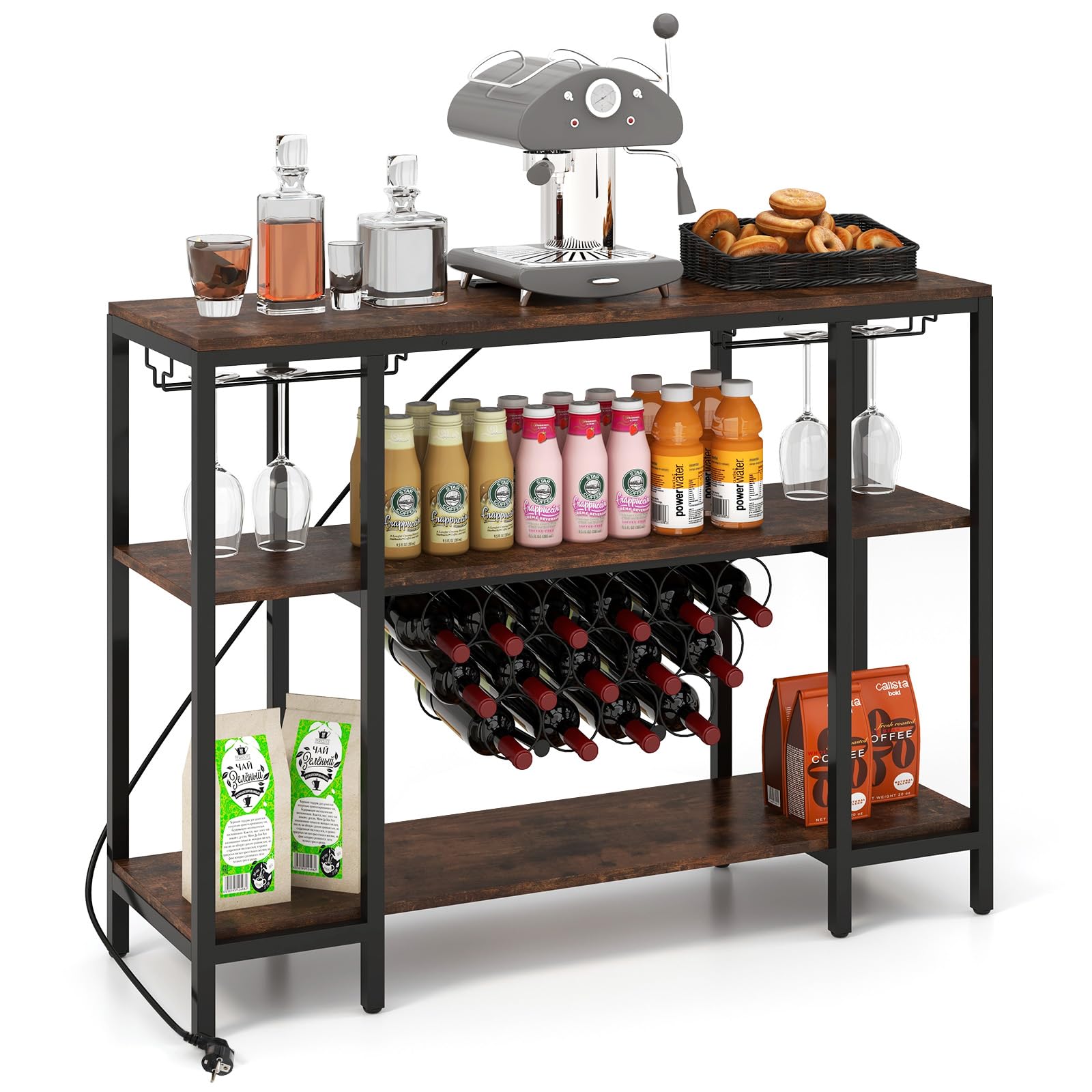 GIANTEX Botellero para 15 Botellas, Estantería de 3 Niveles con Soporte de Copas, Mesa Auxiliar con 2 Puertos USB y 2 Enchufes, Estantería de Vino para Cocina, Salón, 113 x 35 x 85 cm (Marrón Rústico)