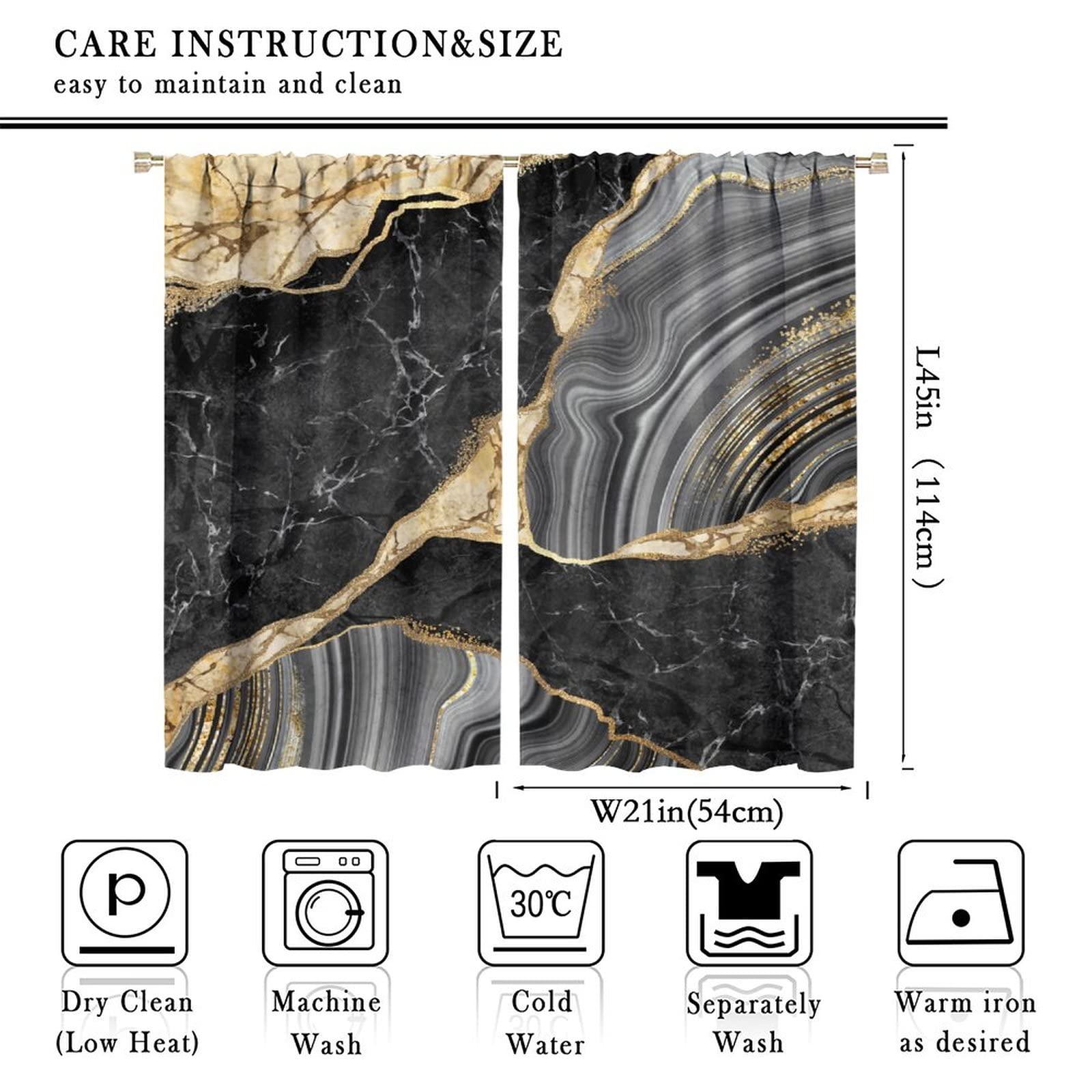 Marble Blackout Curtain Black and Gold Marble Noise Reduction Drapes Window Curtain Rod Pocket Curtain Girls Boys Kitchen Bedroom Dining Room Living Room 2 Panels 42x45 in
