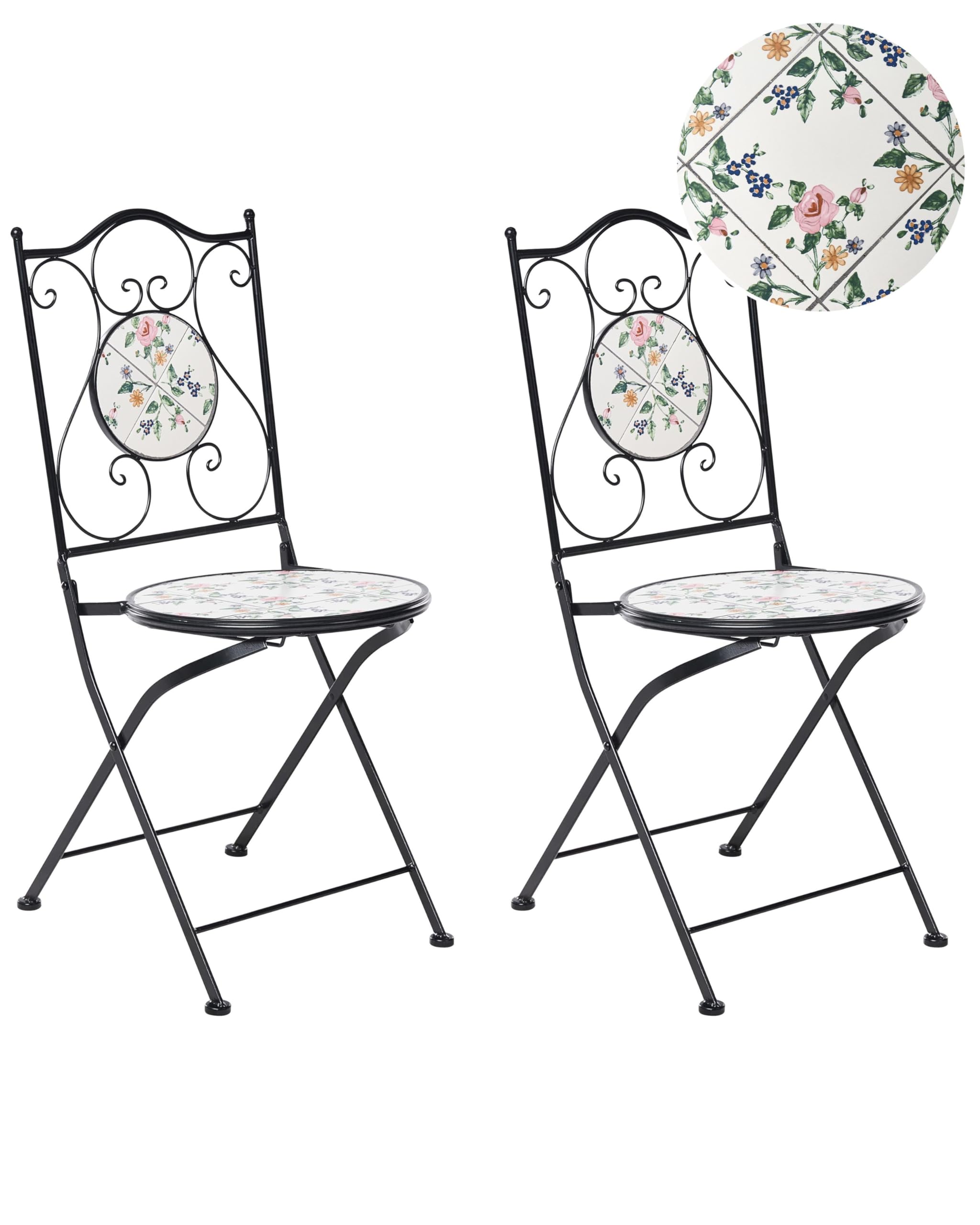 Beliani Set da giardino in metallo 2 sedie in stile ferro battuto pieghevoli con piastrelle in mosaico ceramica nero