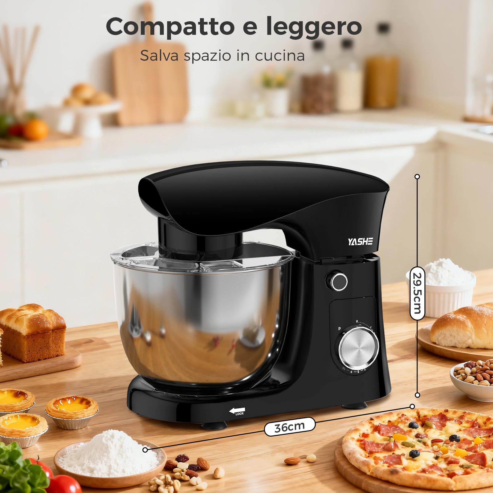 YASHE Impastatrice Planetaria 1500W, 2 Ciotole in Acciaio Inox 4,5L + 5L, 10+P Velocità, Testa Inclinabile, con Gancio Impastatore, Frusta e Sbattitore