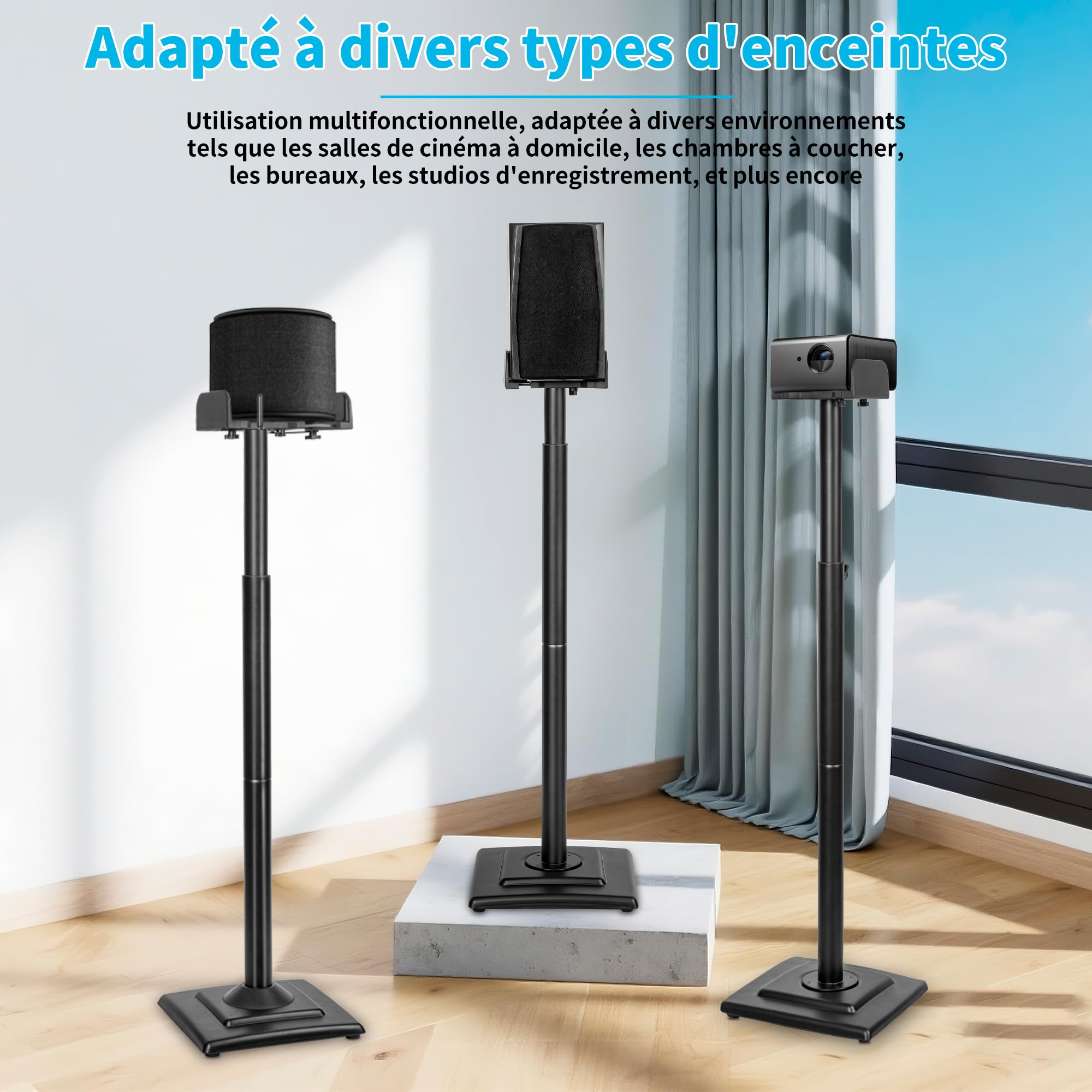 OUUTMEE Lot de 2 Supports d'Enceinte Réglable en Hauteur, Pieds d'Enceinte de Sol avec Gestion des Câbles Jusqu'à 5KG, Supports de Haut-parleurs pour Enceintes Satellites (Noir)