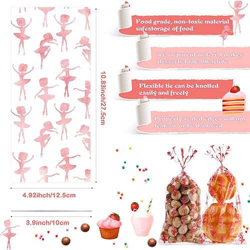 Miniatura 2 de 100 bolsas de ballet de celofán de plástico para niñas bailarinas, bolsas de dulces transparentes con 100 lazos plateados para decoración de fiesta