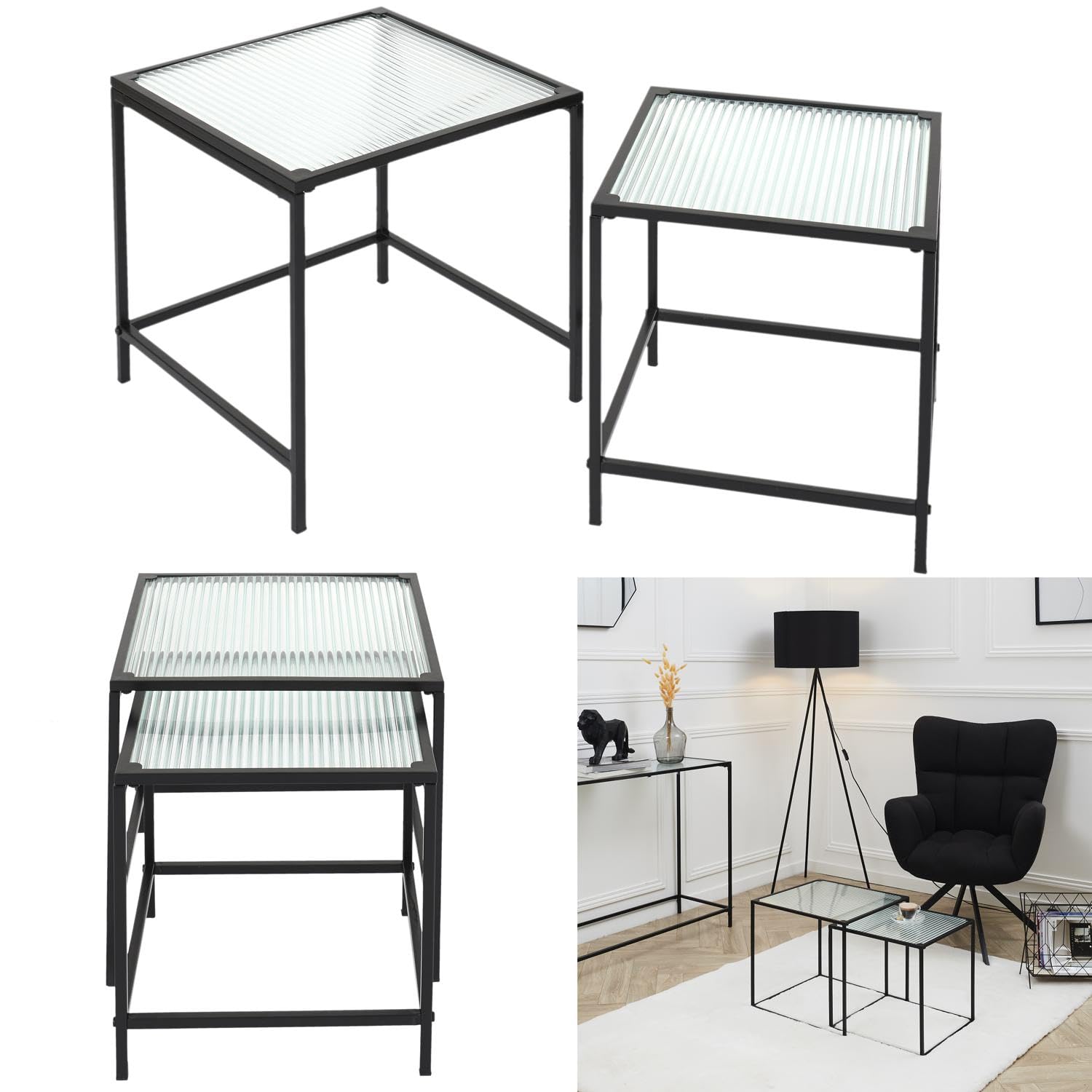 HOME DECO FACTORY - HD7195 Table Gigogne en Verre Trempé et Fer - Élégante et Moderne - pour Salon ou Chambre - Dimensions Grande 40 x 38 x 40 cm - Petite 35 x 35 x 35 cm - Couleur Noir