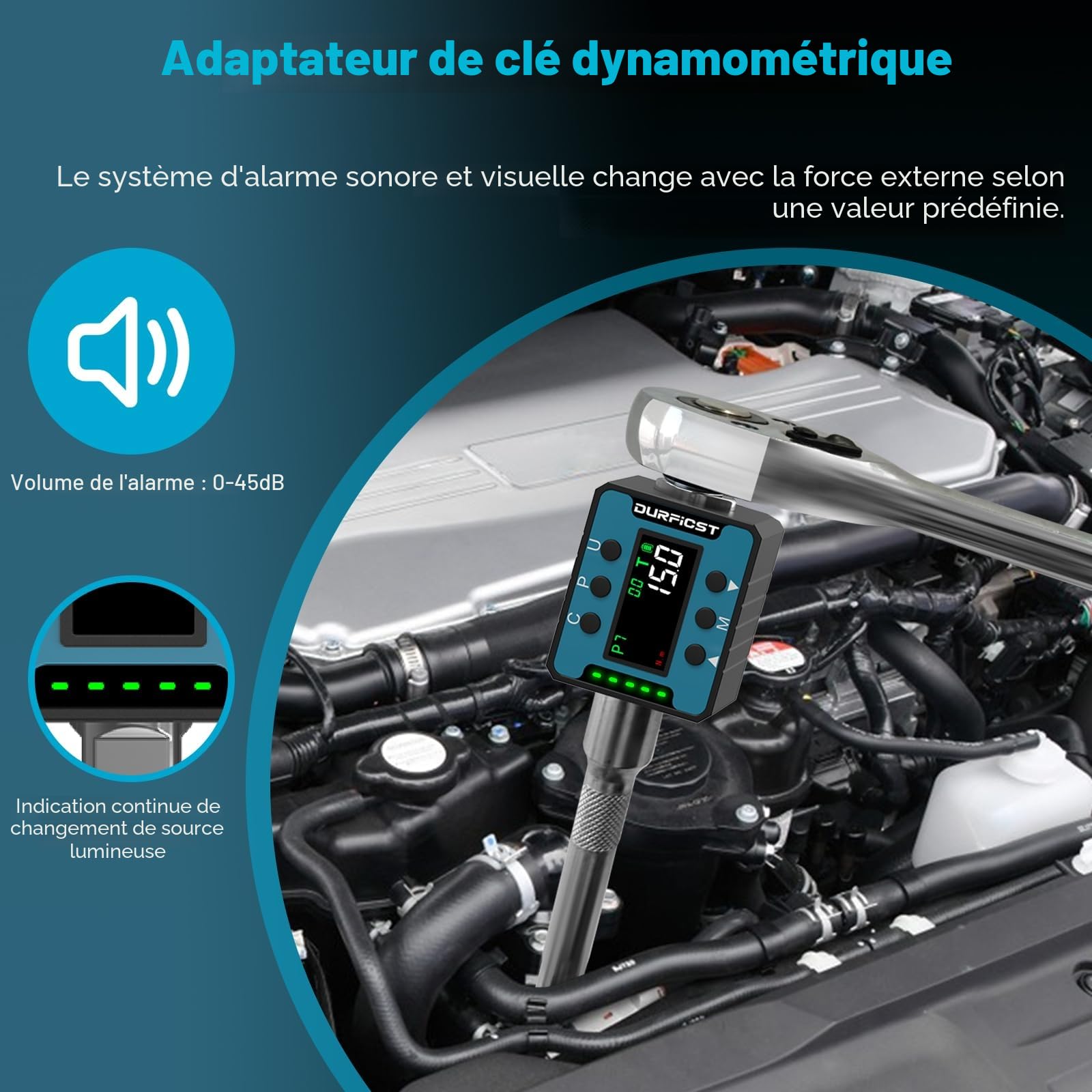 DURFICST Adaptateur Dynamométrique Numérique 1/2", Plage 4–135 Nm | Cle Dynamometrique Numérique avec Alarme Sonore et Lumineuse, Clé Dynamométrique Electronique pour Voitures, Vélos, Motos